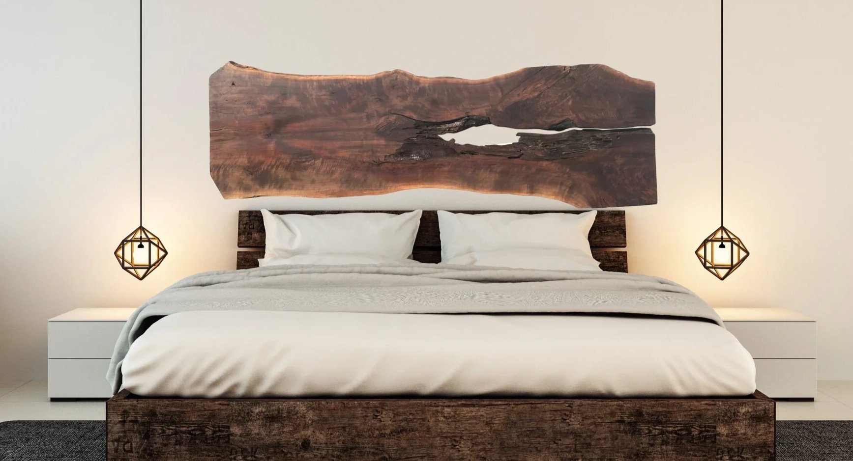 Large Walnut Wooden Headboard Above a Rustic Bed