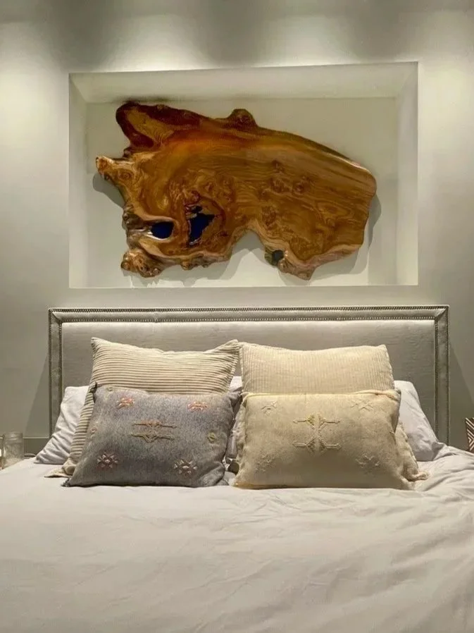 English Elm Live Edge Headboard in a Recessed Bedroom Wall Feature