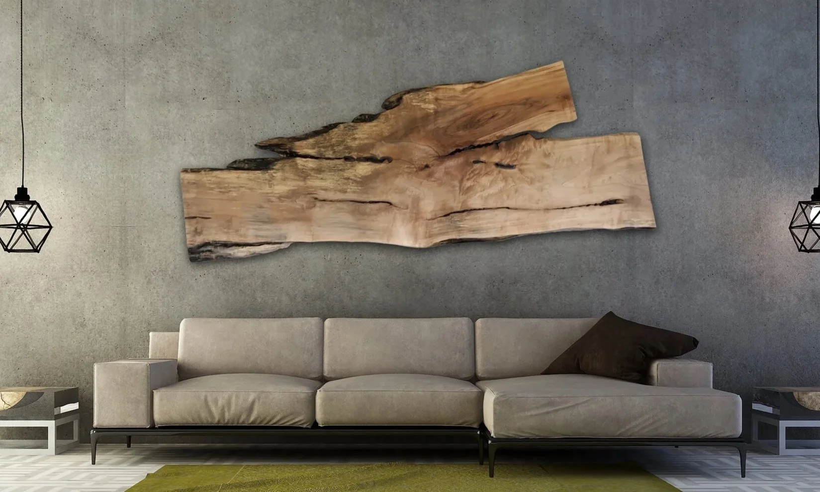 Maple Wood Wall Decor Above a Modern Grey Couch