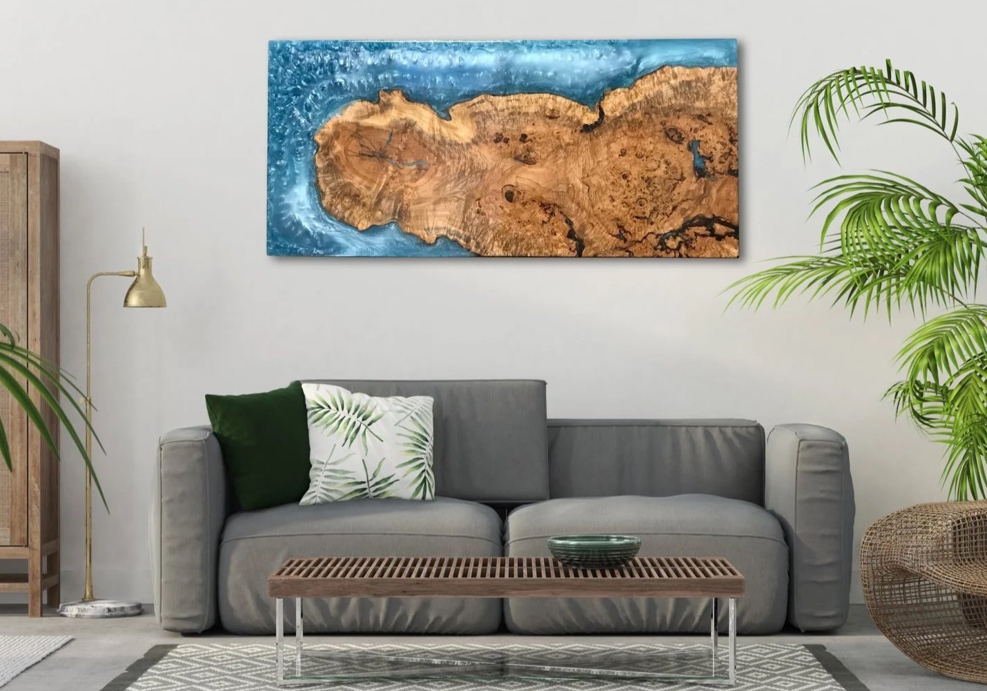 Maple Burl and Ocean Blue Epoxy Hanging Wall Art Above a Grey Couch