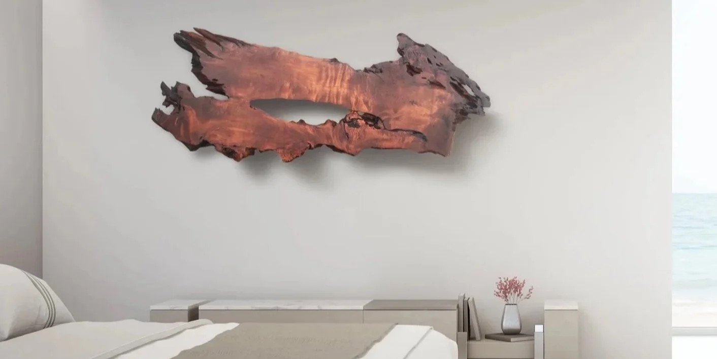 Live Edge Redwood Headboard in Ultra Modern Ocean Front Bedroom Decor