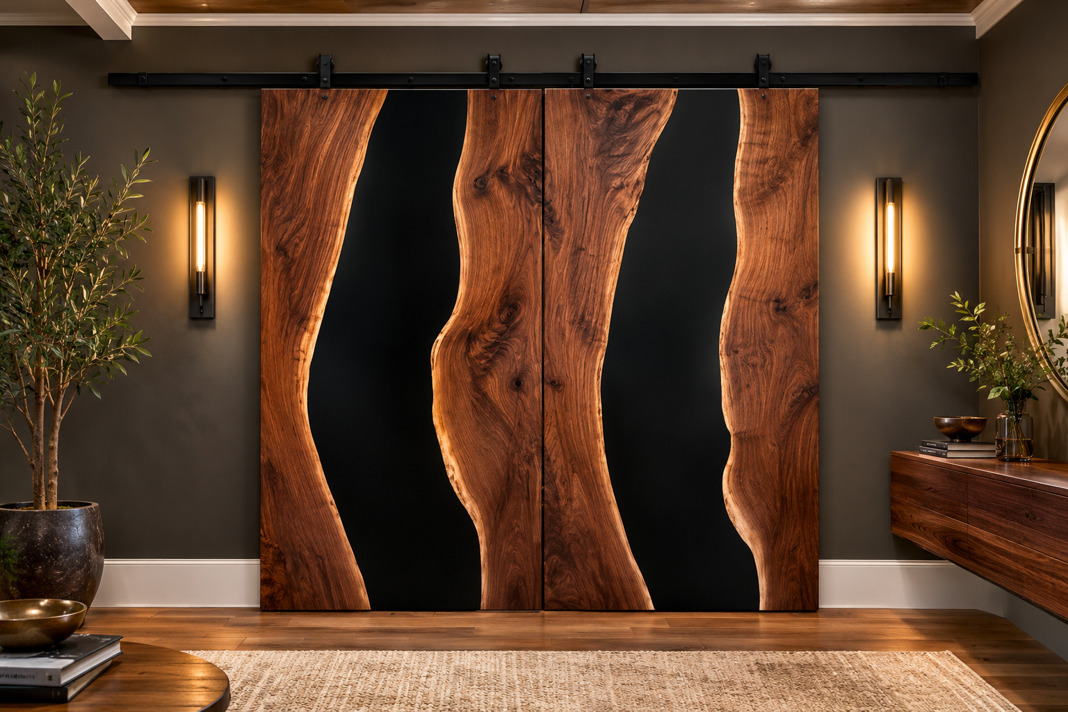 DualBlack Walnut Sliding Doors with Black Resin