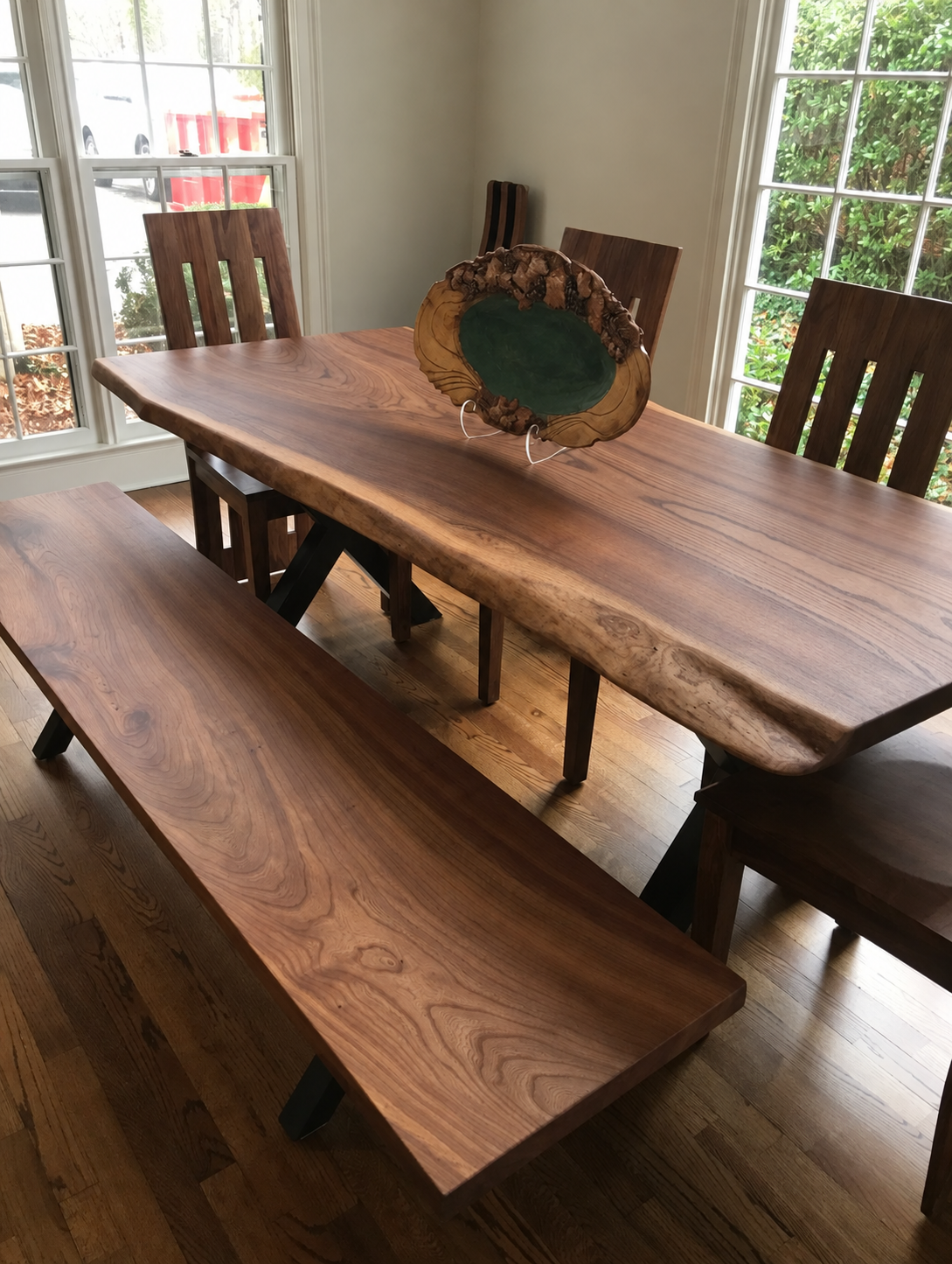 Live Edge English Elm Dining Table and Matching Bench
