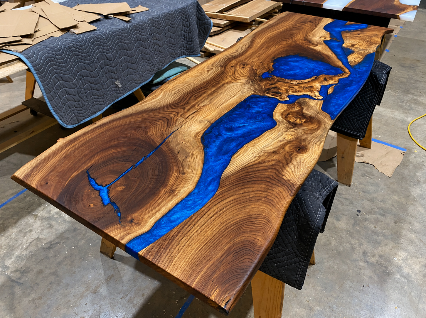 Very Unique Black Walnut Sliding Door with Swirly Metallic Ocean Blue Resin