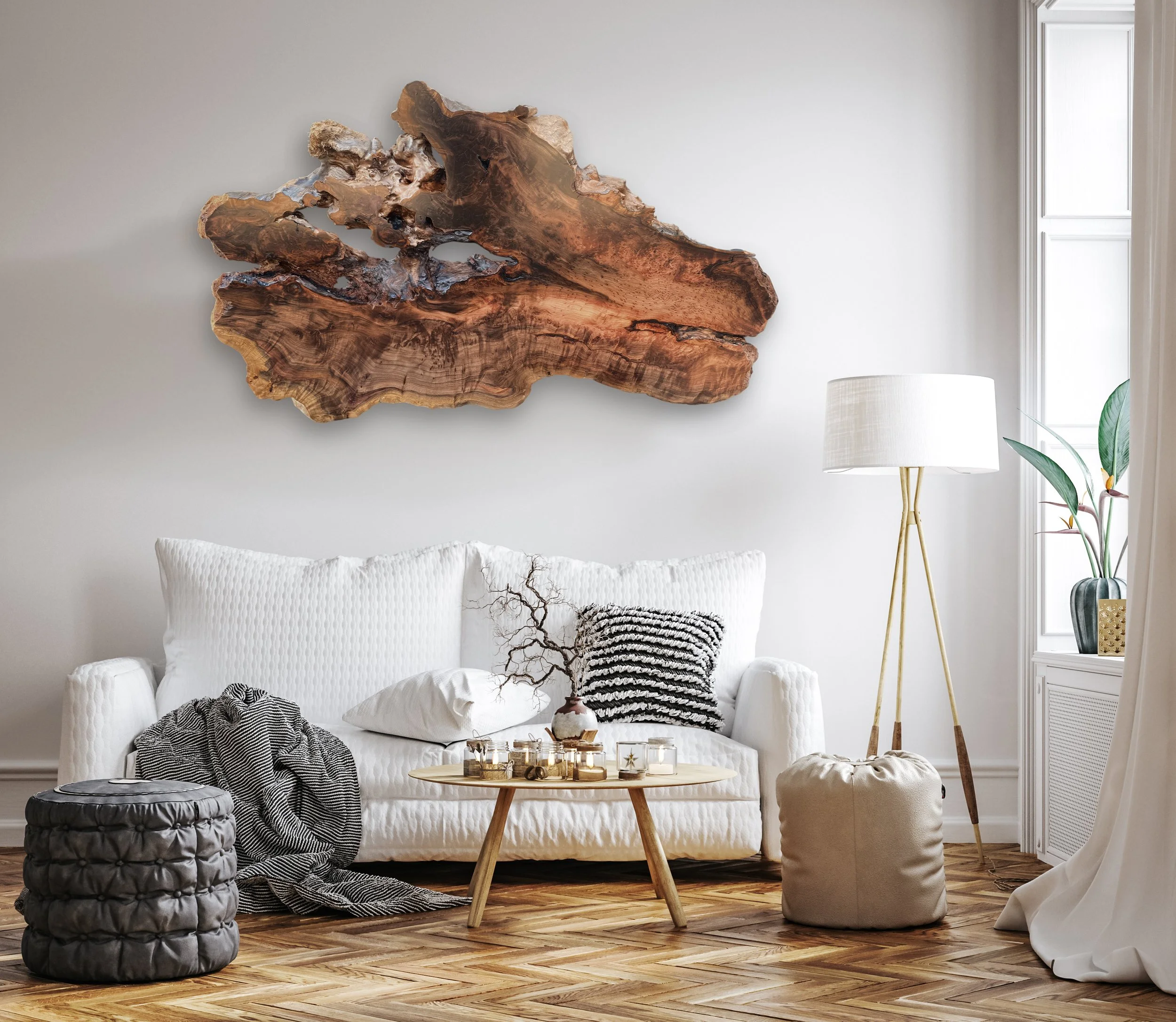 Organic Shaped Rustic Redwood Burl Wall Art Above a Minimal White Couch