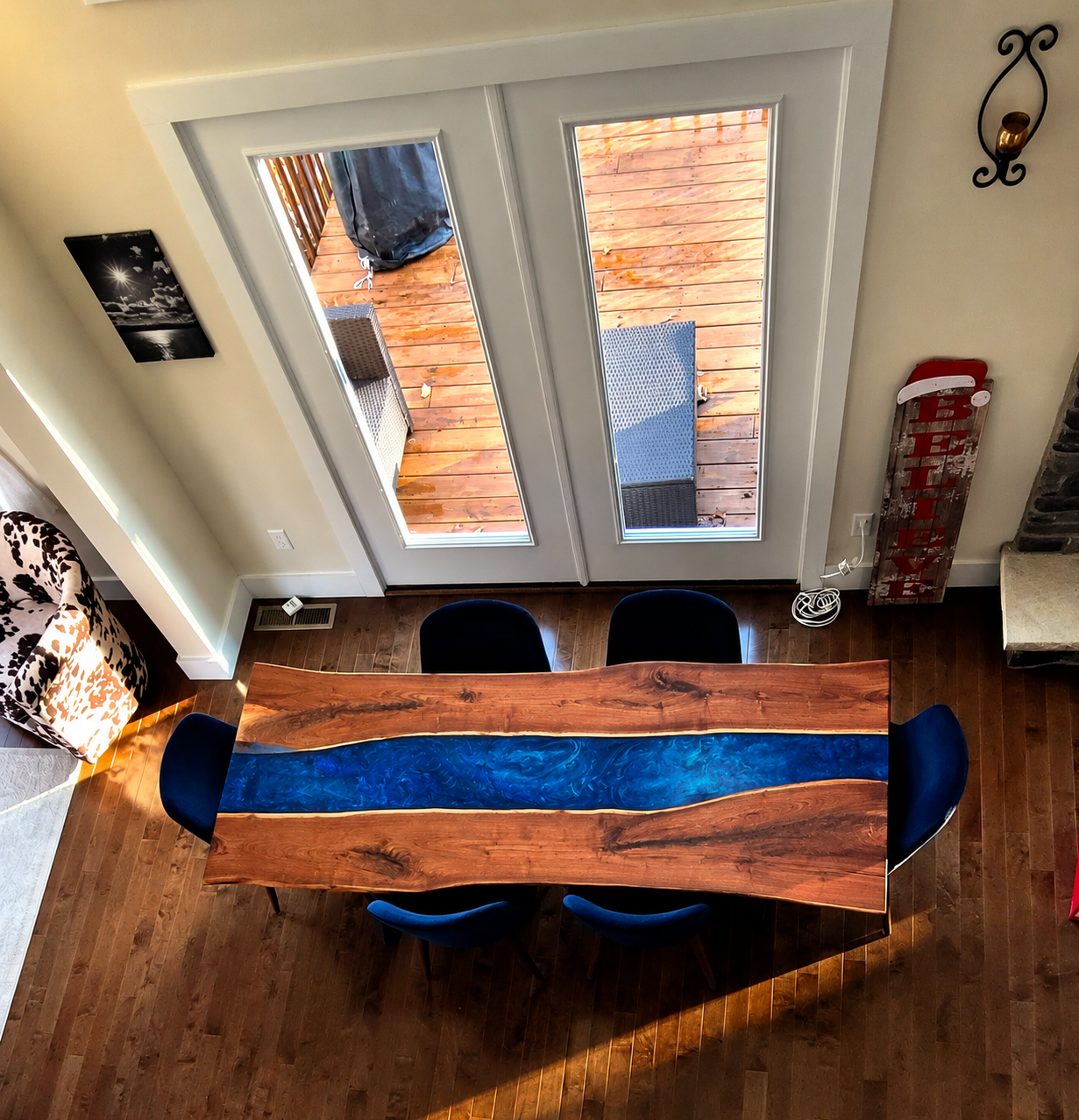 Black Walnut Resin River Table with Ocean Blue Swirly Metallic Resin River