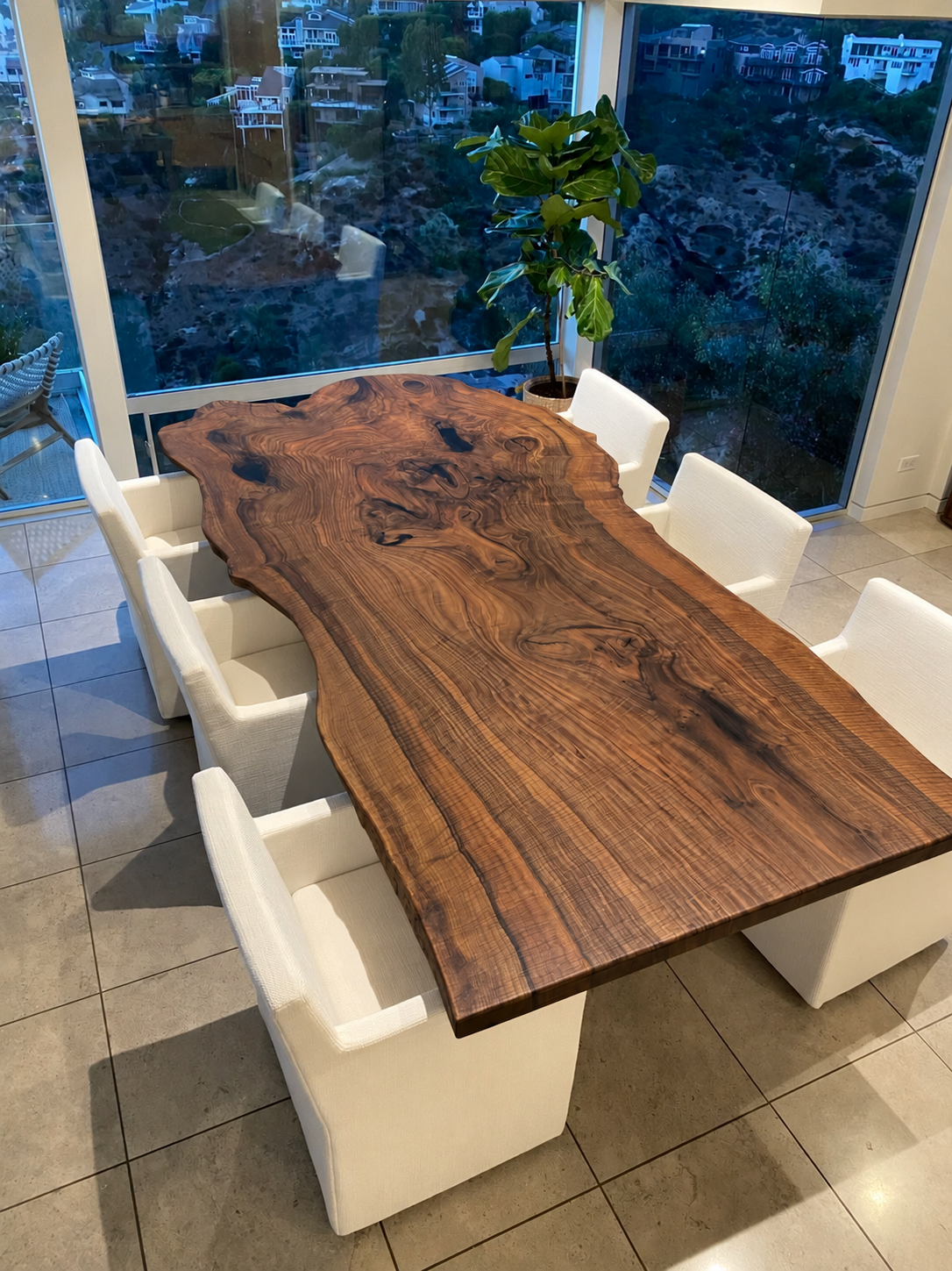Highly Figured Bastogne Walnut Dining Table Overlooking Laguna Beach