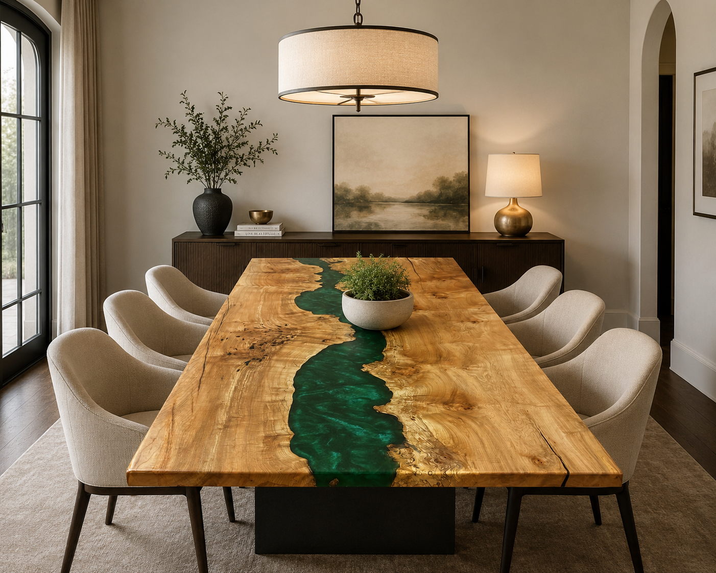 Big Leaf Maple Burl & Swirly Green Metallic Resin Dining Table