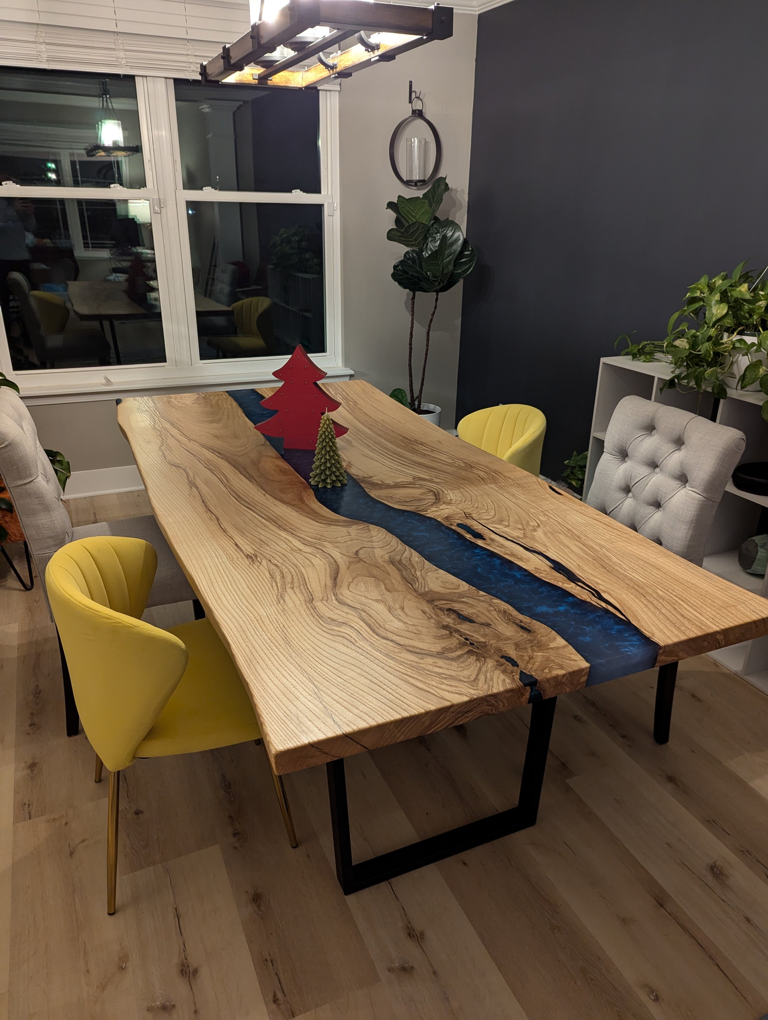 Live Edge Ash & Midnight Blue Swirly Metallic Resin Dining Table