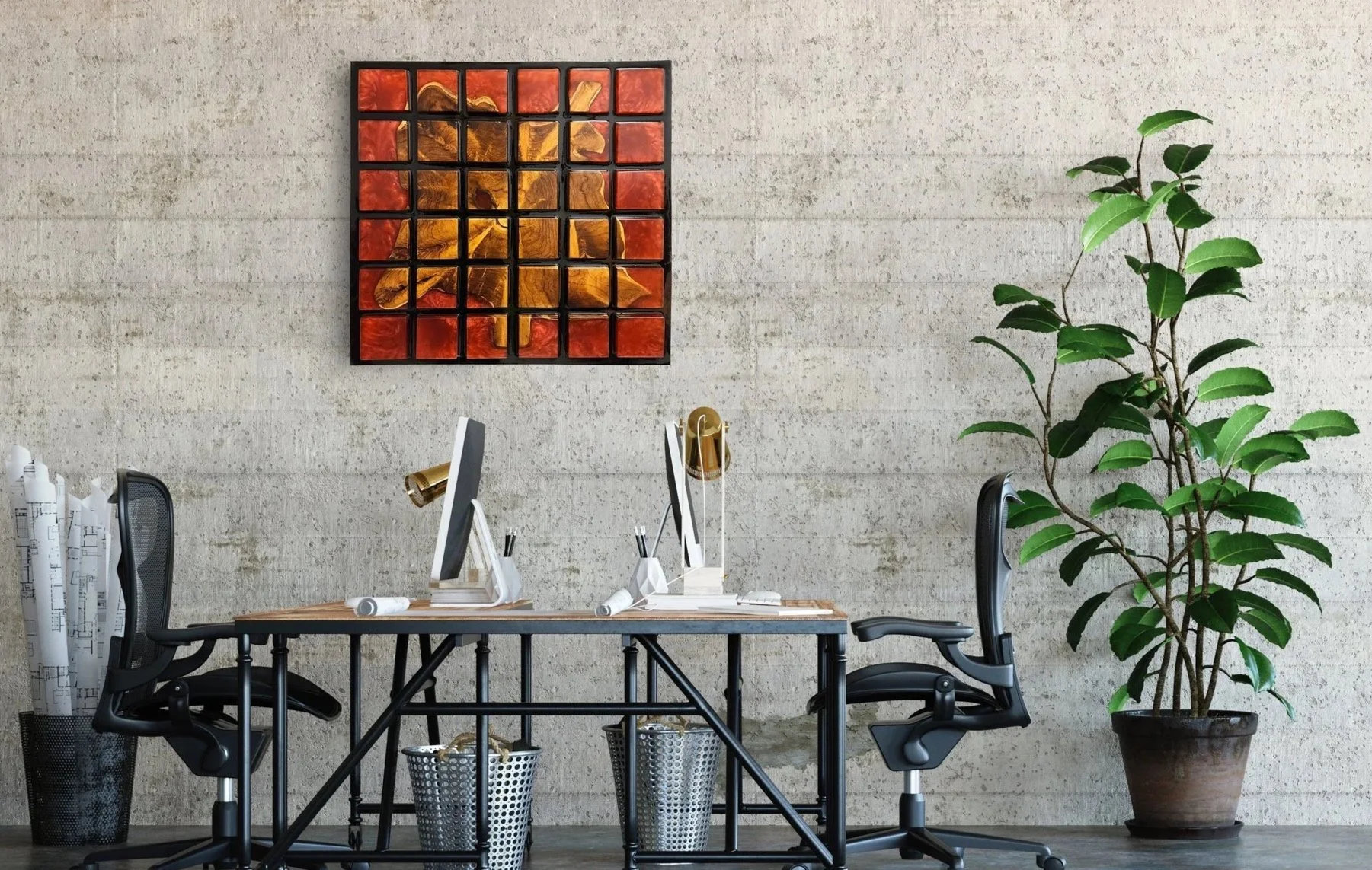 Acacia & Red Resin Hanging Wall Art in a Modern Office