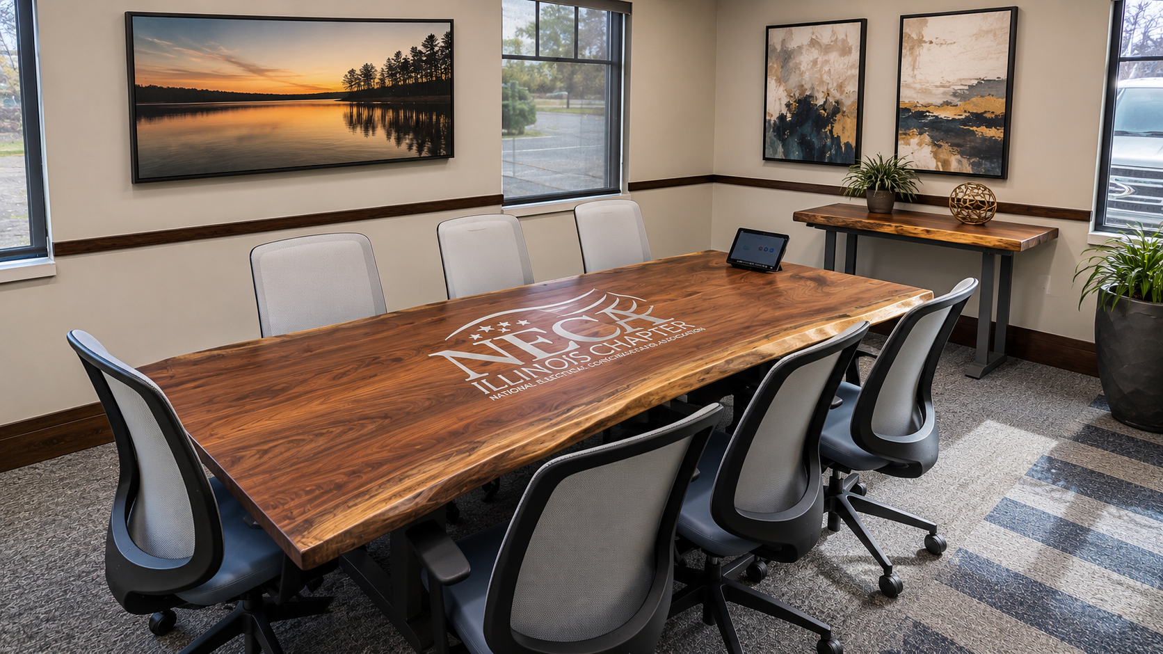 Black Walnut Conference Table with Corporate Logo NECA CNC'd Into the Top