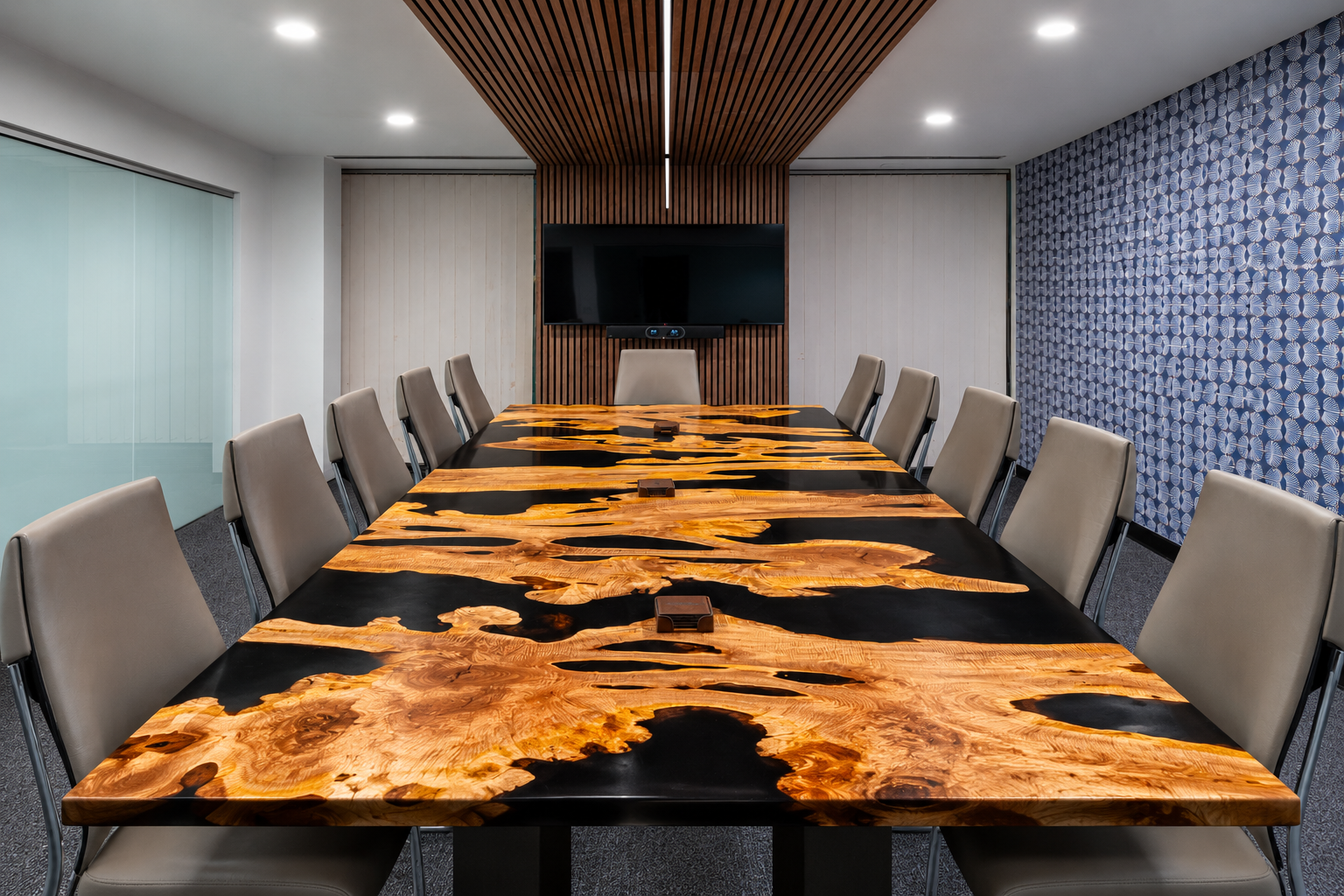 Huge Banyan Tree Slices and Black Resin Conference Table