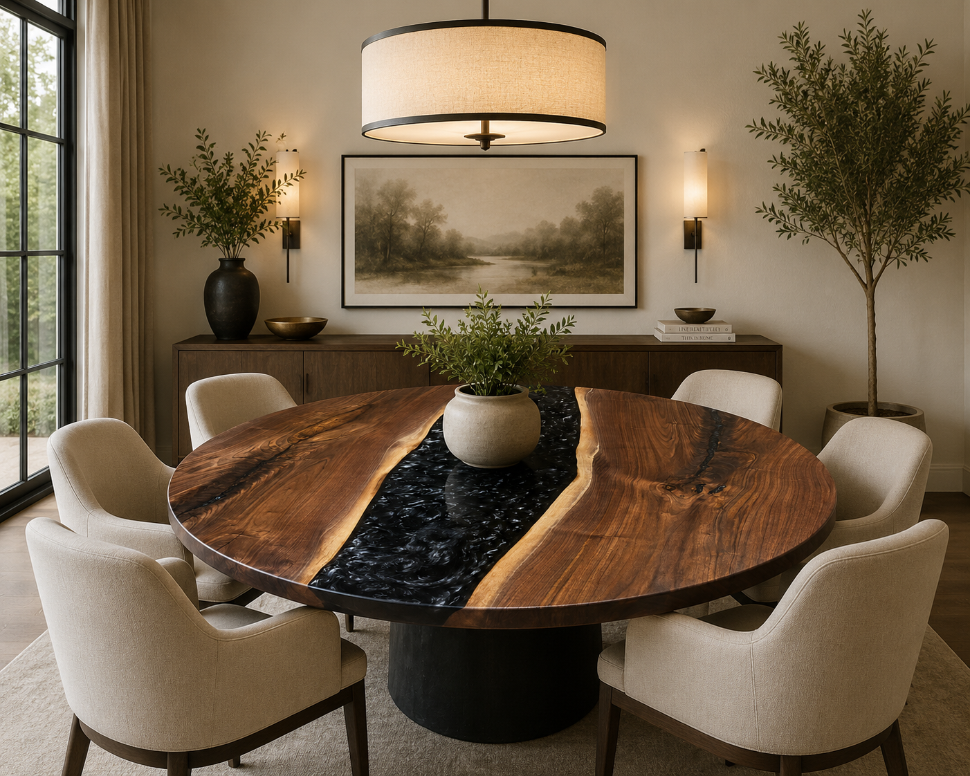 Round Black Walnut & Swirly Metallic Whale Resin Dining Table