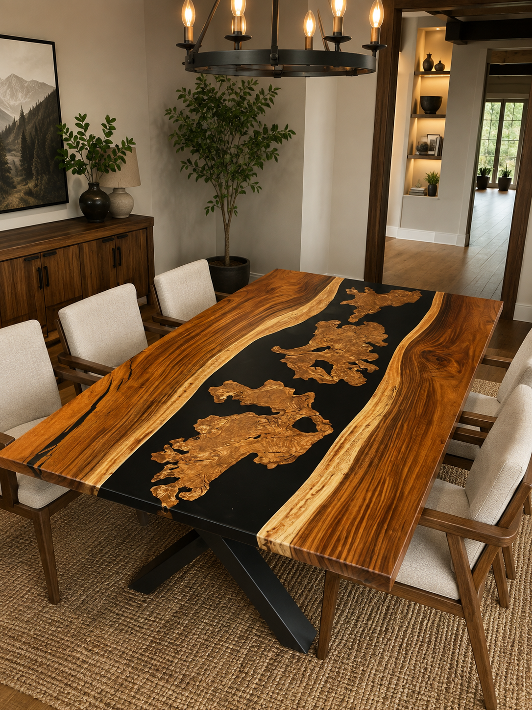 Acacia & Russian Olive Burl and Black Resin Dining Table