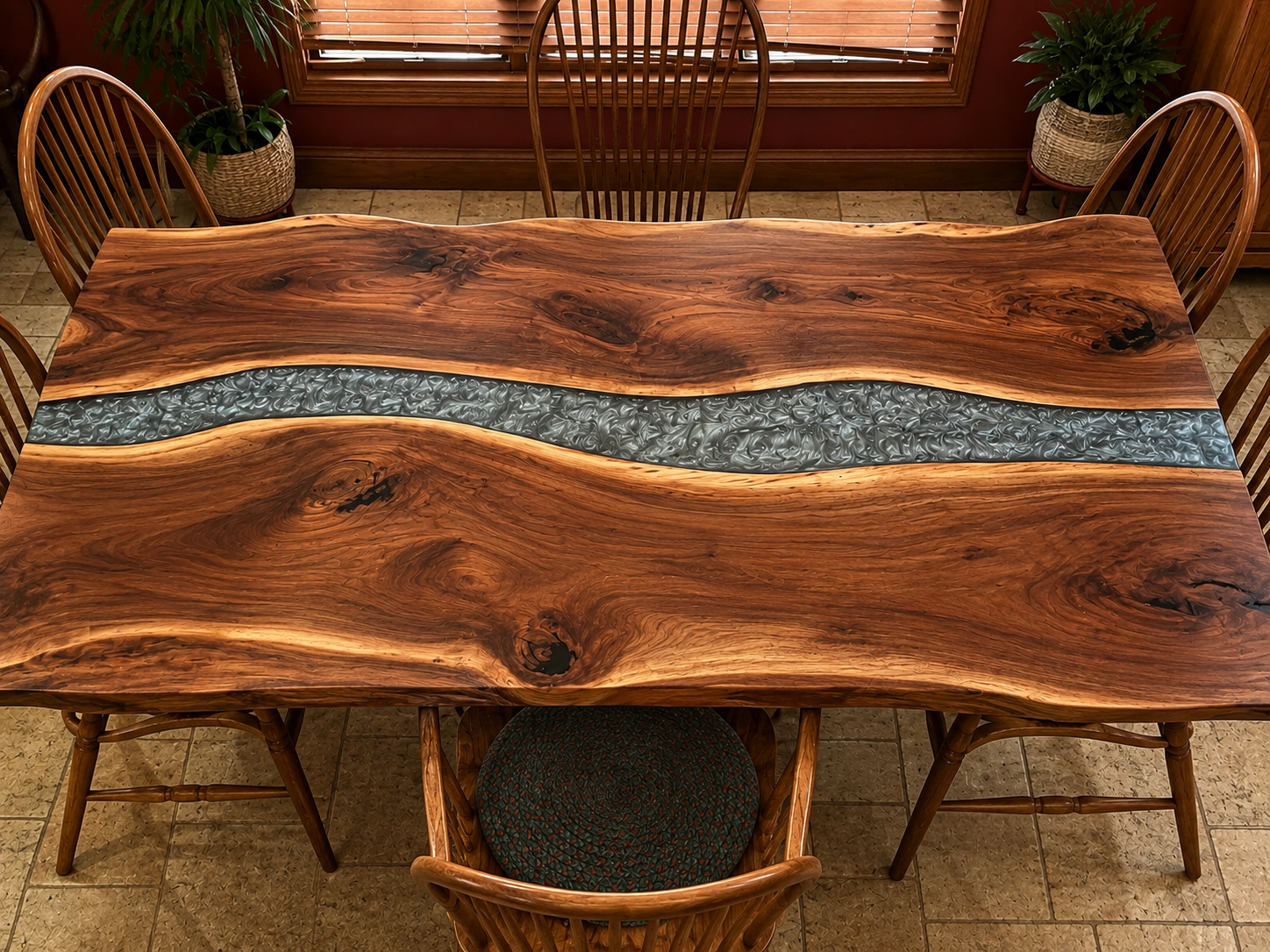 Black Walnut Resin River Table with Dolphin Swirly Metallic Resin Dining Table