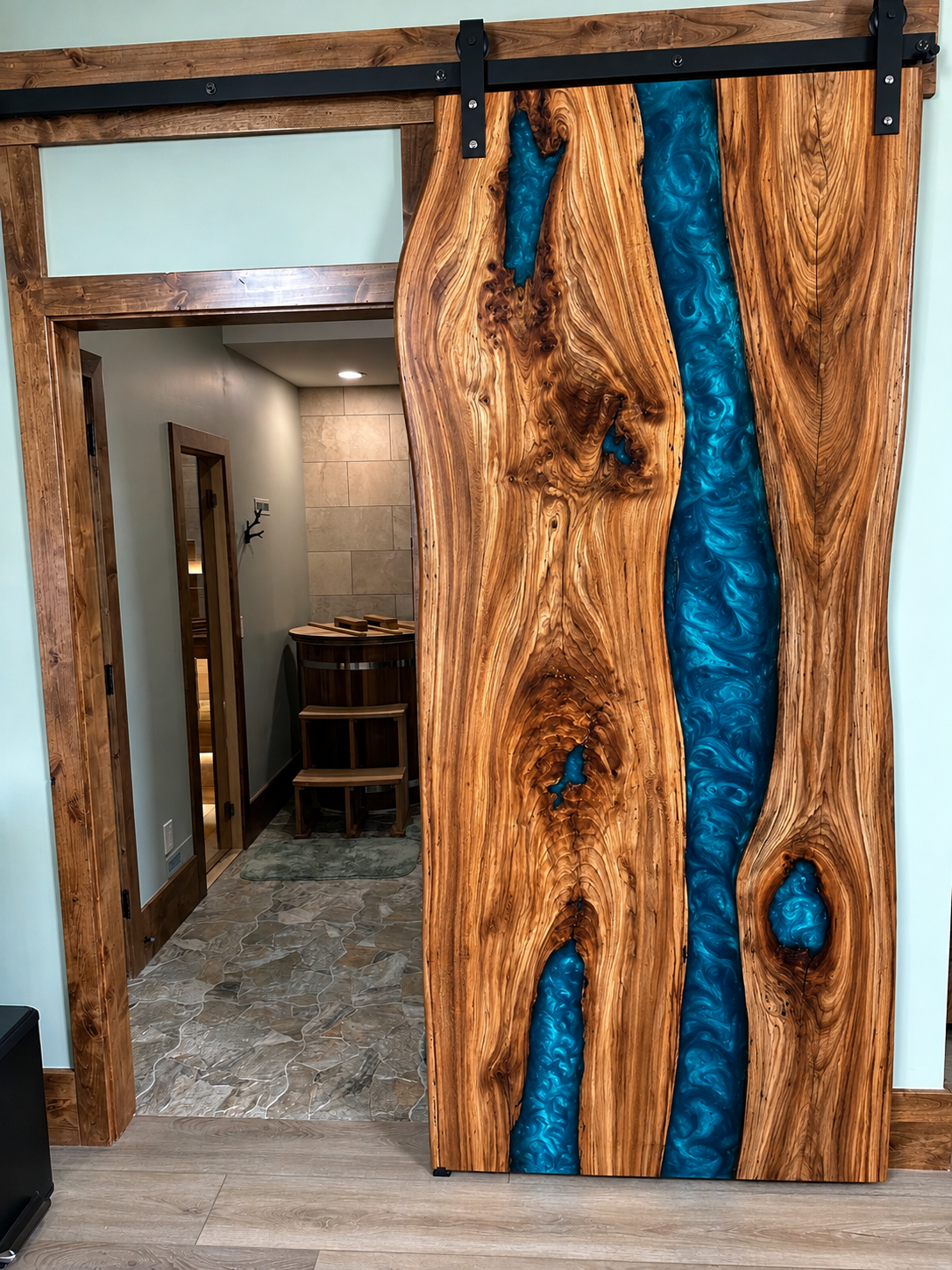 English Elm & Ocean Blue Resin | Sliding Epoxy Door