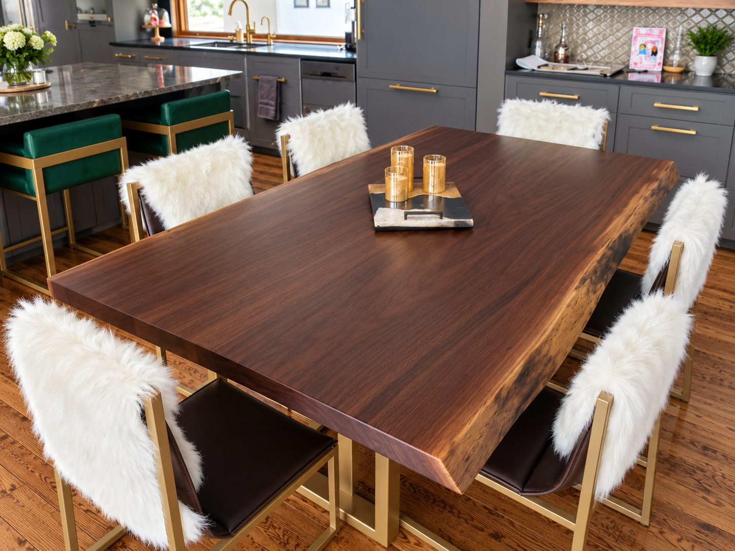 Live Edge Black Walnut Dining Table with Polished Gold Table Legs