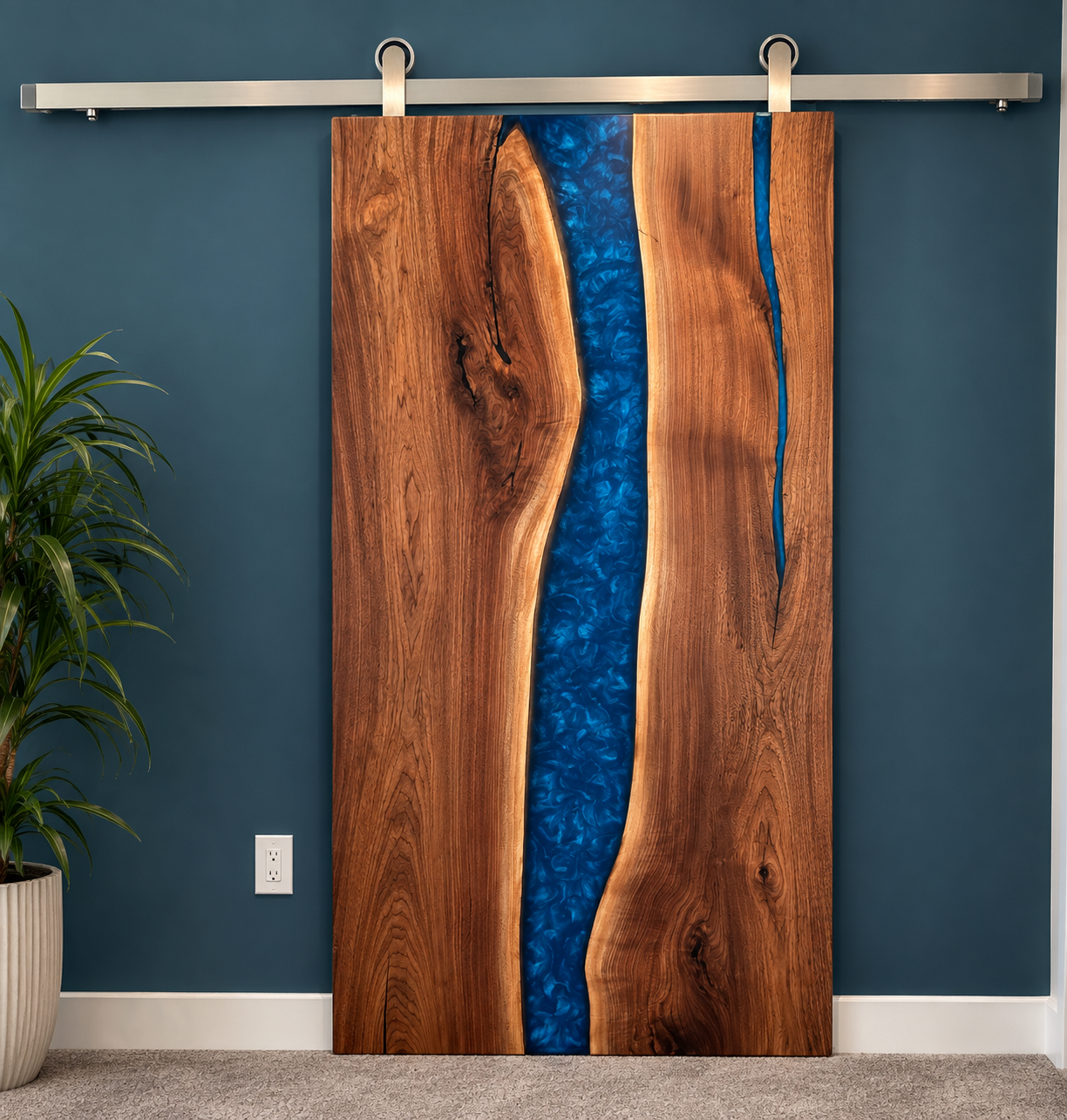 Black Walnut with Ocean Blue Resin | Sliding Epoxy & Wood Door