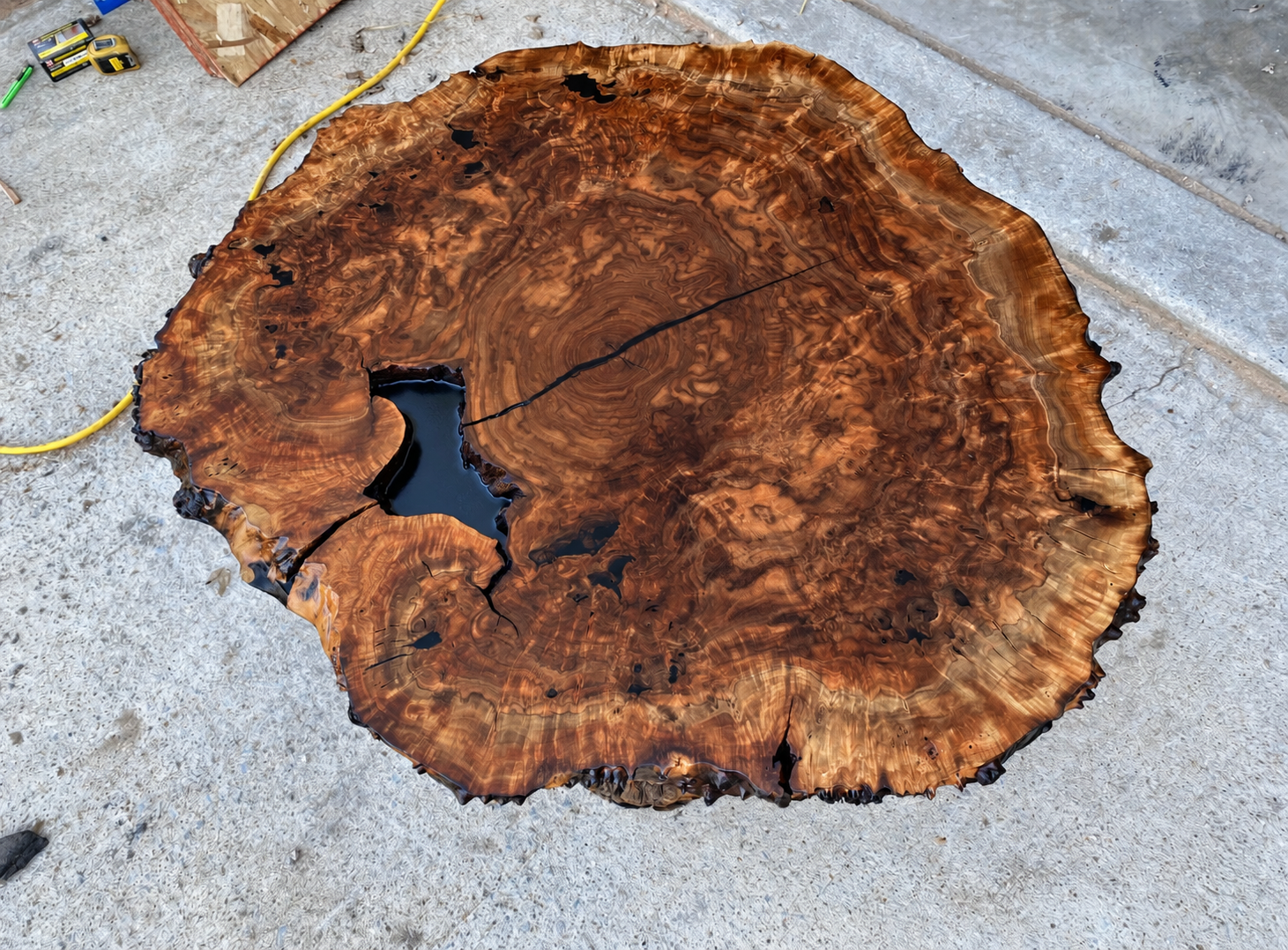 Live Edge Claro Walnut Burl Coffee Table Top with Black Accent Resin