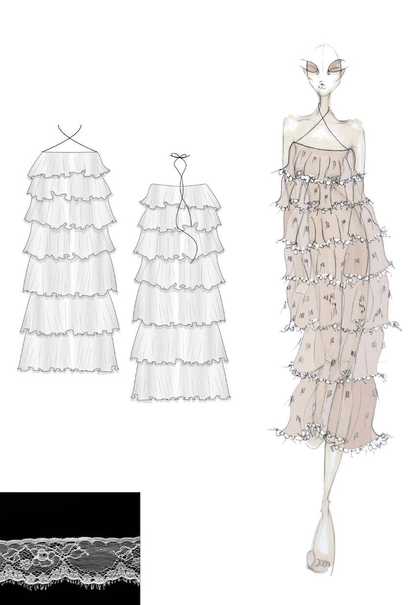 Giardina Atelier luxury Italian couture tech pack example with detailed technical drawings, fabric and trim recommendations, and prototype measurements for high-end production