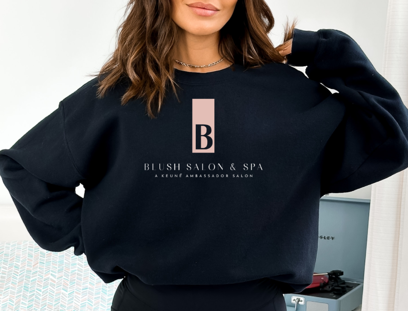 Blush Logo on black crew mock.png