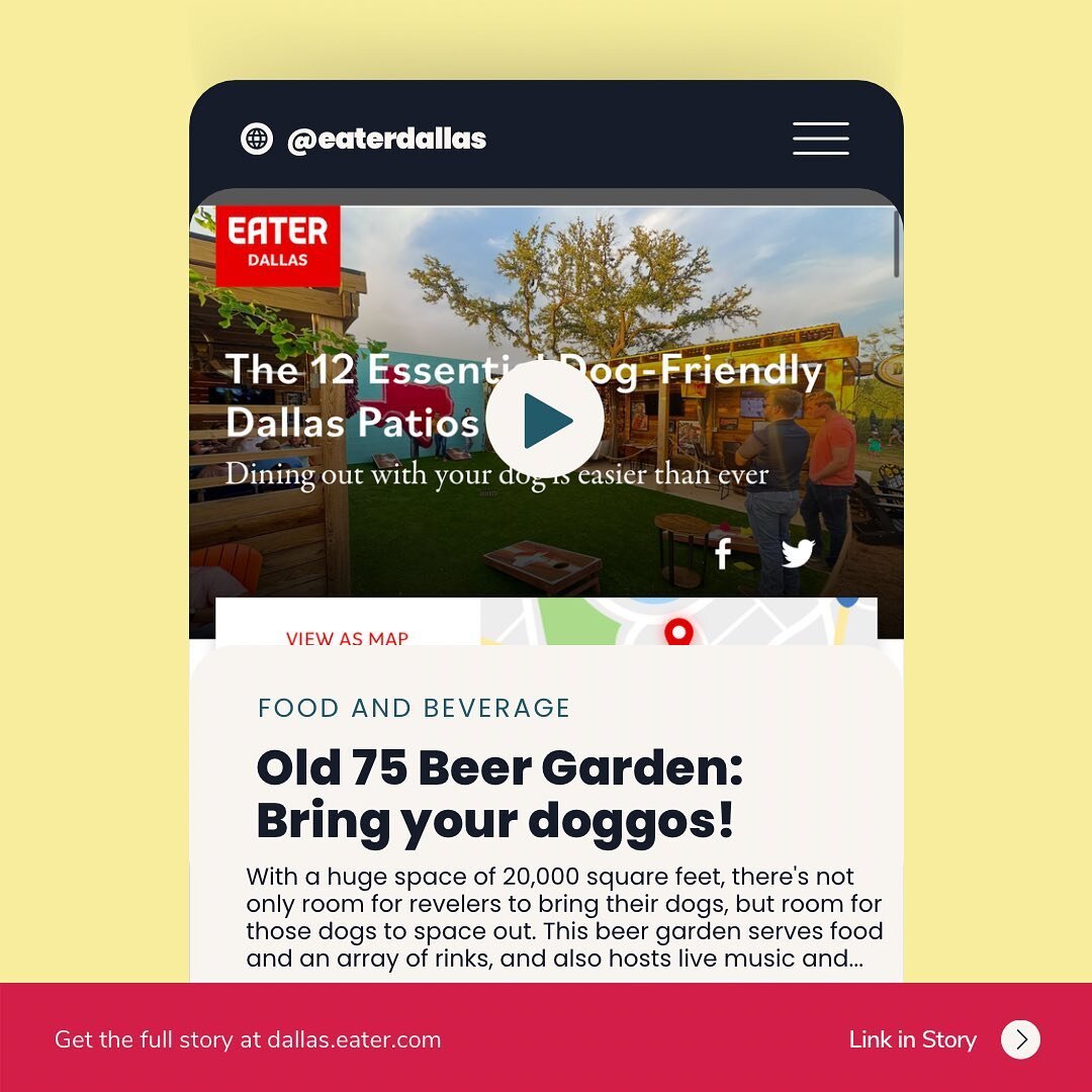 TOP 12 SAY WHAT?! 🍻 Grab your doggo and head on down to the good vibes at #Old75 🐶🌳 

And while you're at it - check us out in the @eaterdallas guide to Dallas' best dog-friendly patios for more. Read more at the link in our story!

🍔🍻