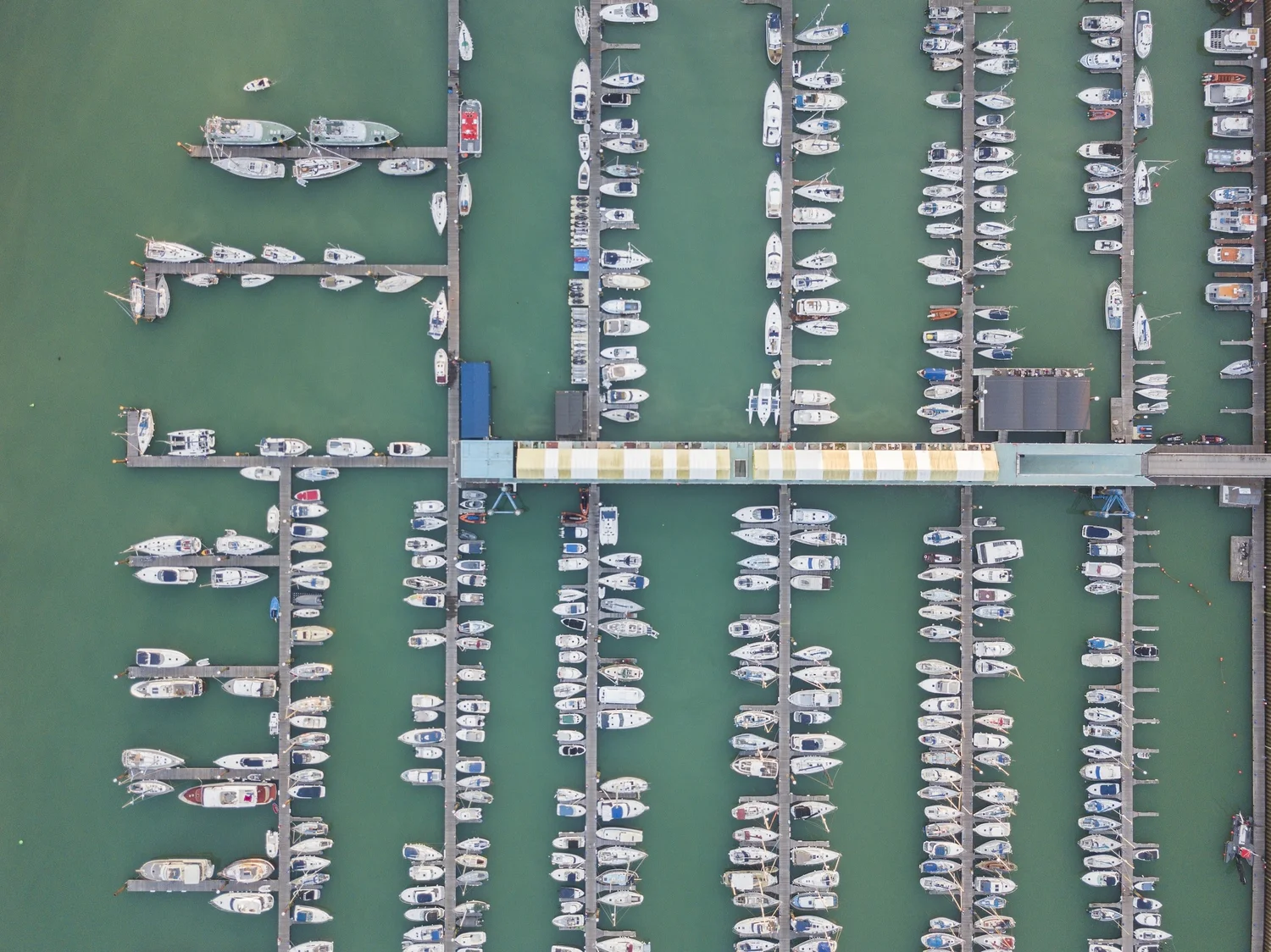 An aerial view of a marina and connected routes