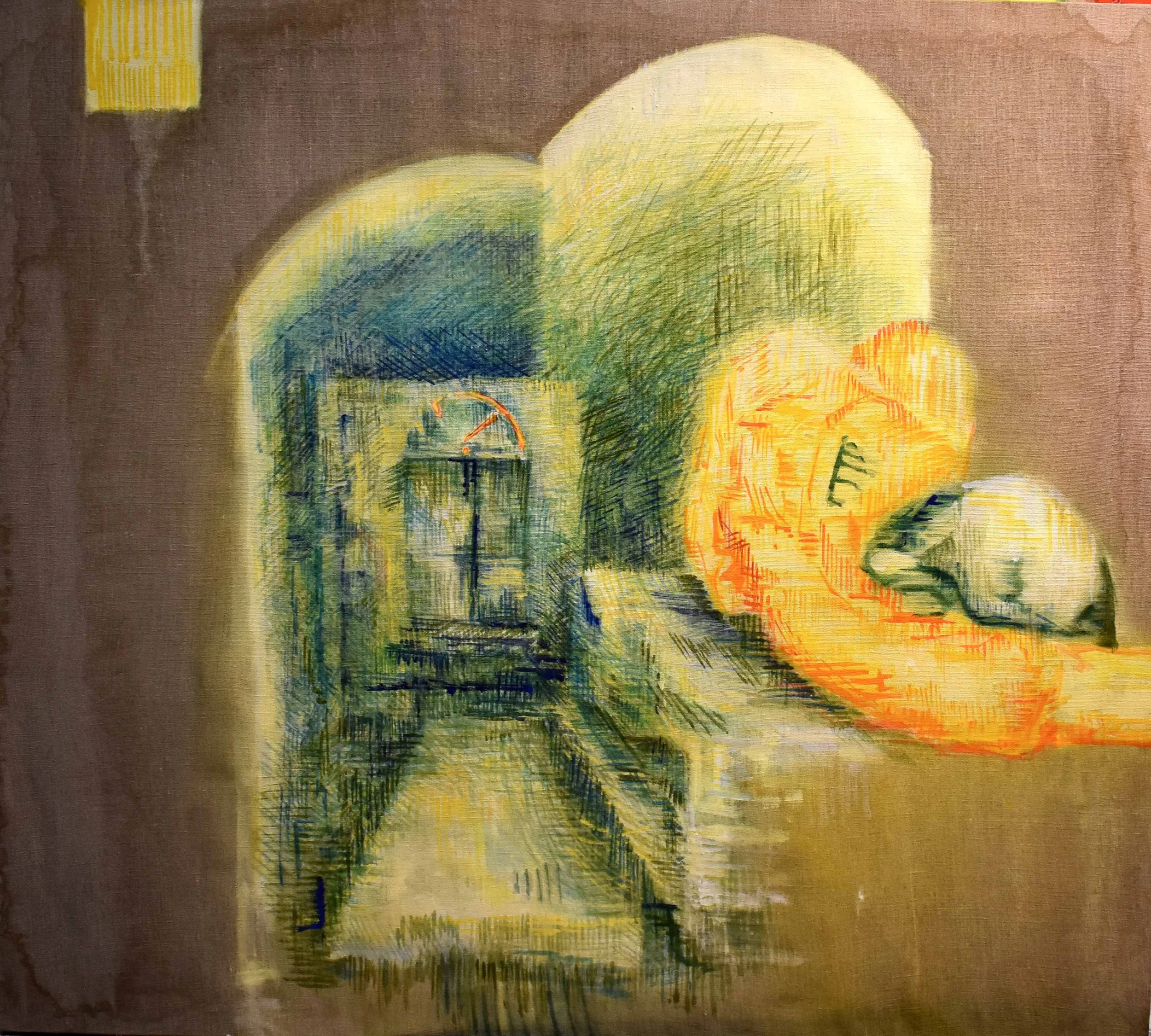 A painting with abstract and impressionistic elements, depicting a street scene with a clock tower, large colorful pumpkins, and outdoor seating, using vivid, blended brushstrokes.