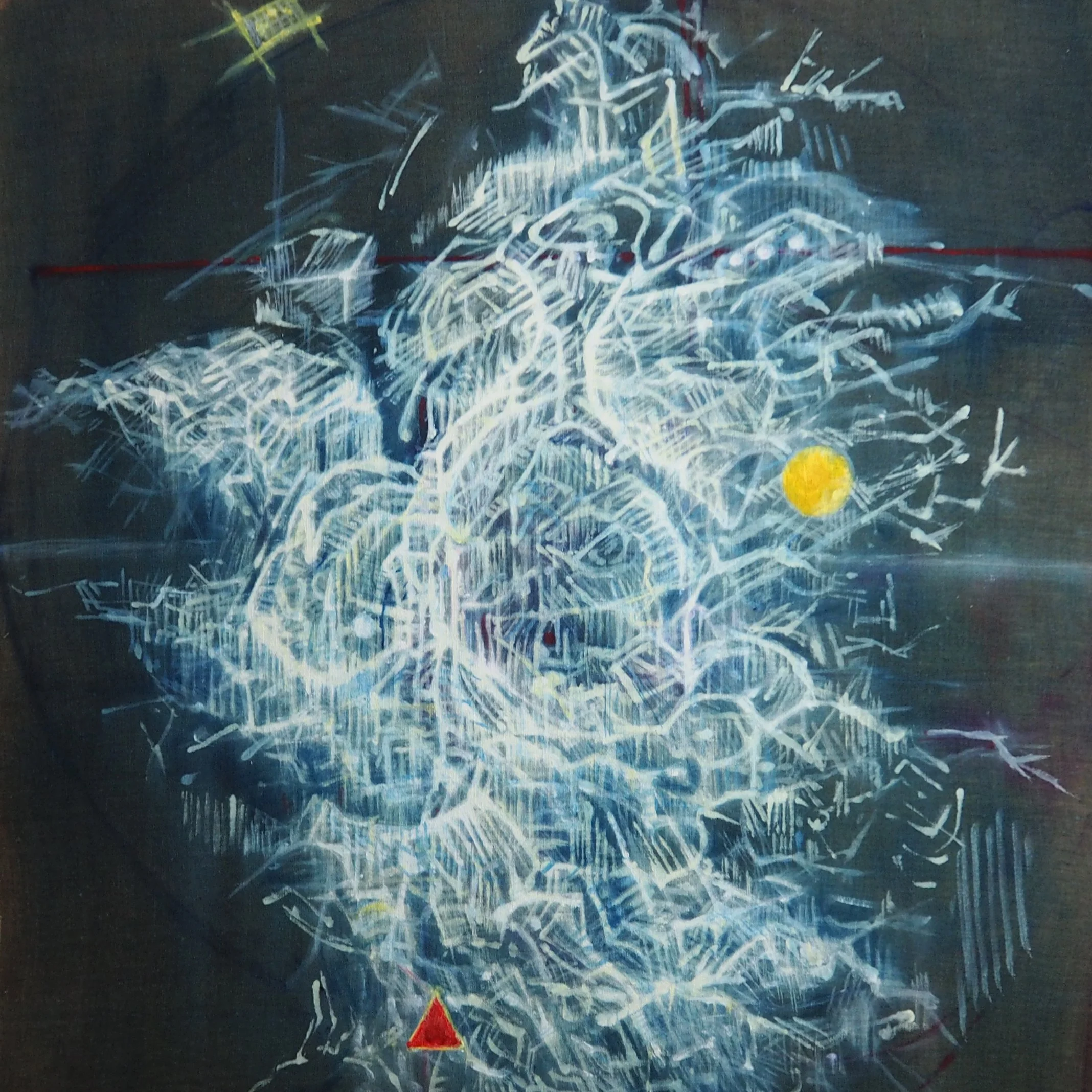 An abstract light painting artwork with white streaks forming intricate, web-like patterns against a dark background, featuring a yellow circle and a red triangle.