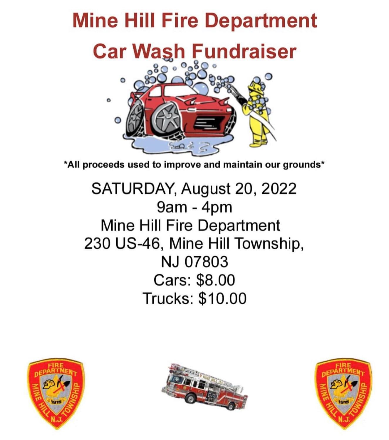 ATTENTION: 

Mine Hill Fire Department will be having a department car wash fundraiser! 

Saturday, August 20th, 9-4pm 

Please stop by and show your support! We appreciate it!!