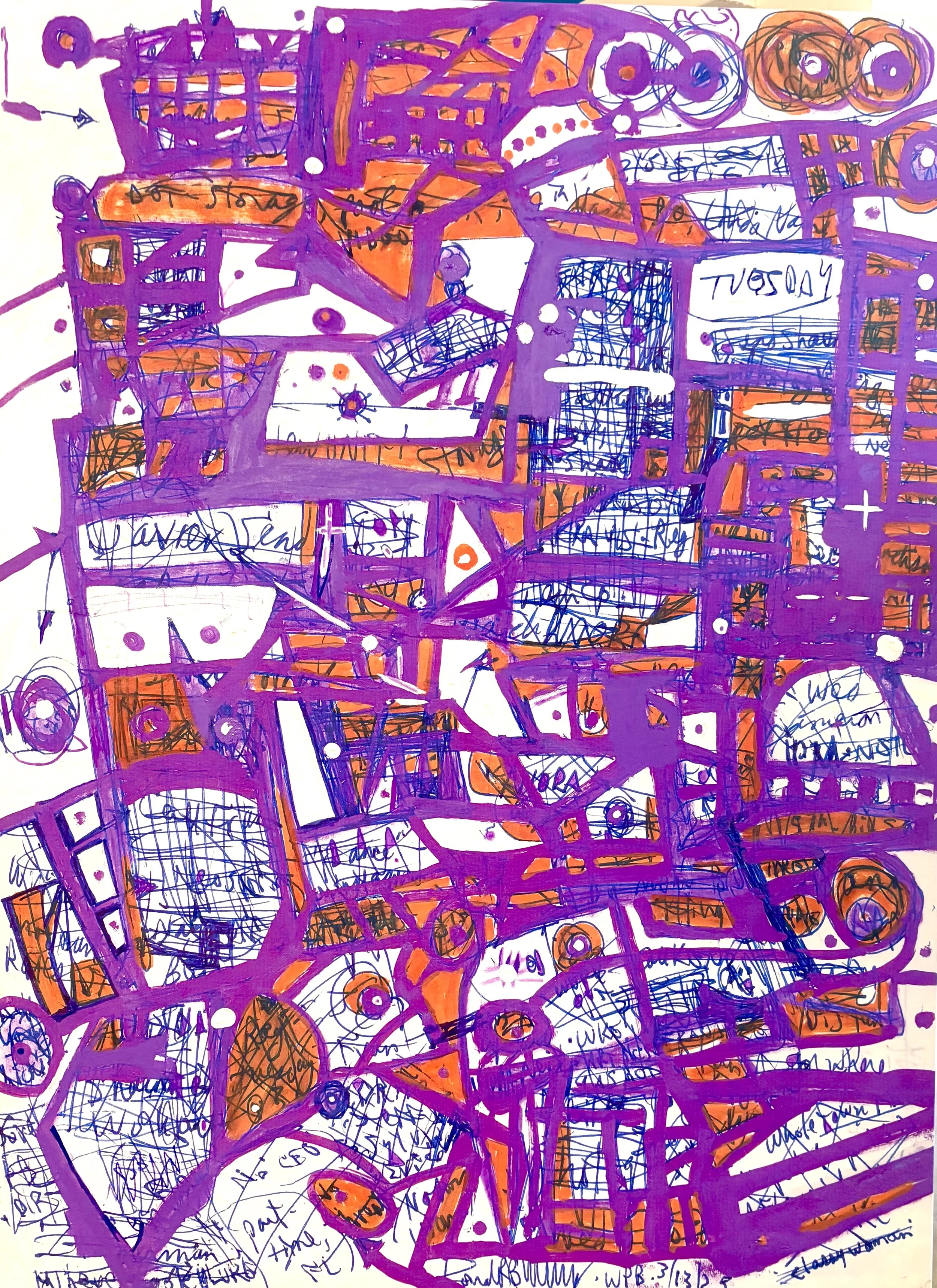 "Notism: Entering the New Year" 12-31-2025. Acrylic, archival inks, oil paint pens on canvas. 38 x 29"