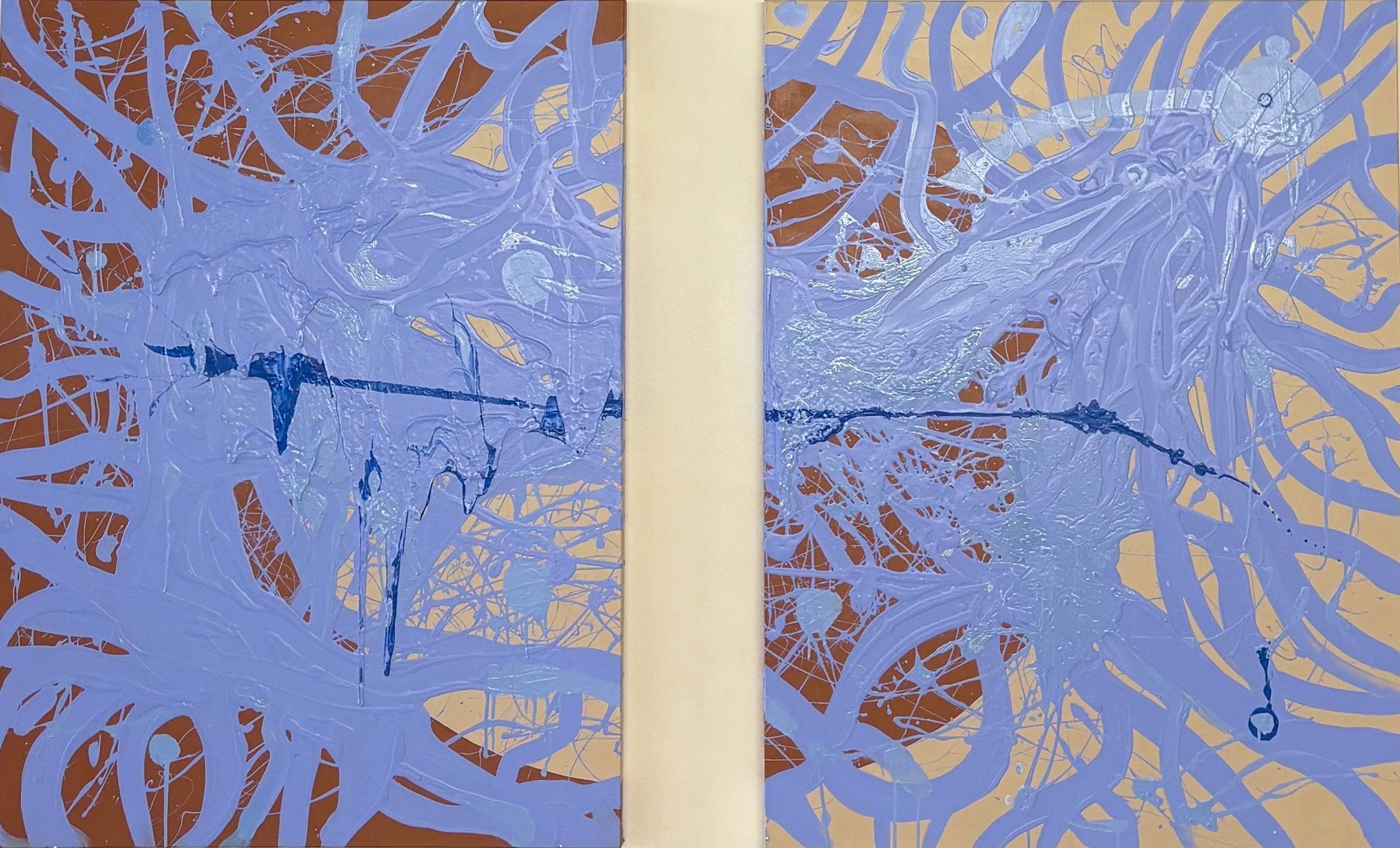 "Information Overload" 2025. Acrylic, enamel & house paint on diptych of two matching canvases, each 36 x 48". (On exhibit @ Interiors Collective, West Palm Beach/January 2026.)