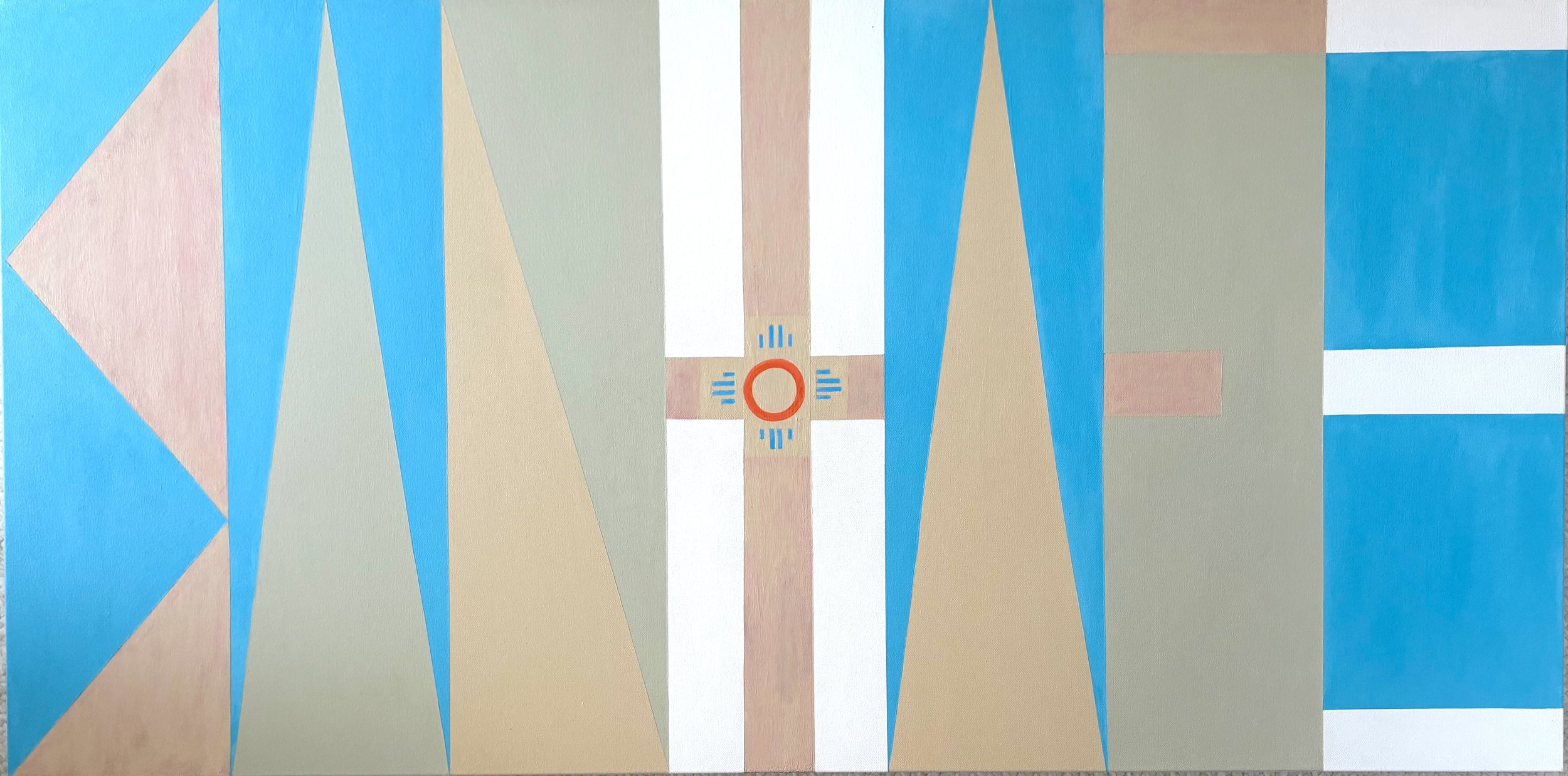 "Santa Fe" 2026. Acrylic and oil on canvas. 24 x 48" (On exhibit @ DeBilzan Gallery/Santa Fe, New Mexico, May-September, 2026)