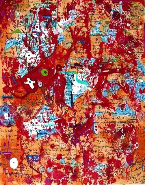 "Blood Orange" 2025. Acrylic, archival inks, enamel, oil paint pens on canvas. 38 x 29" (On exhibit @ Interiors Collective Gallery, West Palm Beach, December-January 2025-26)