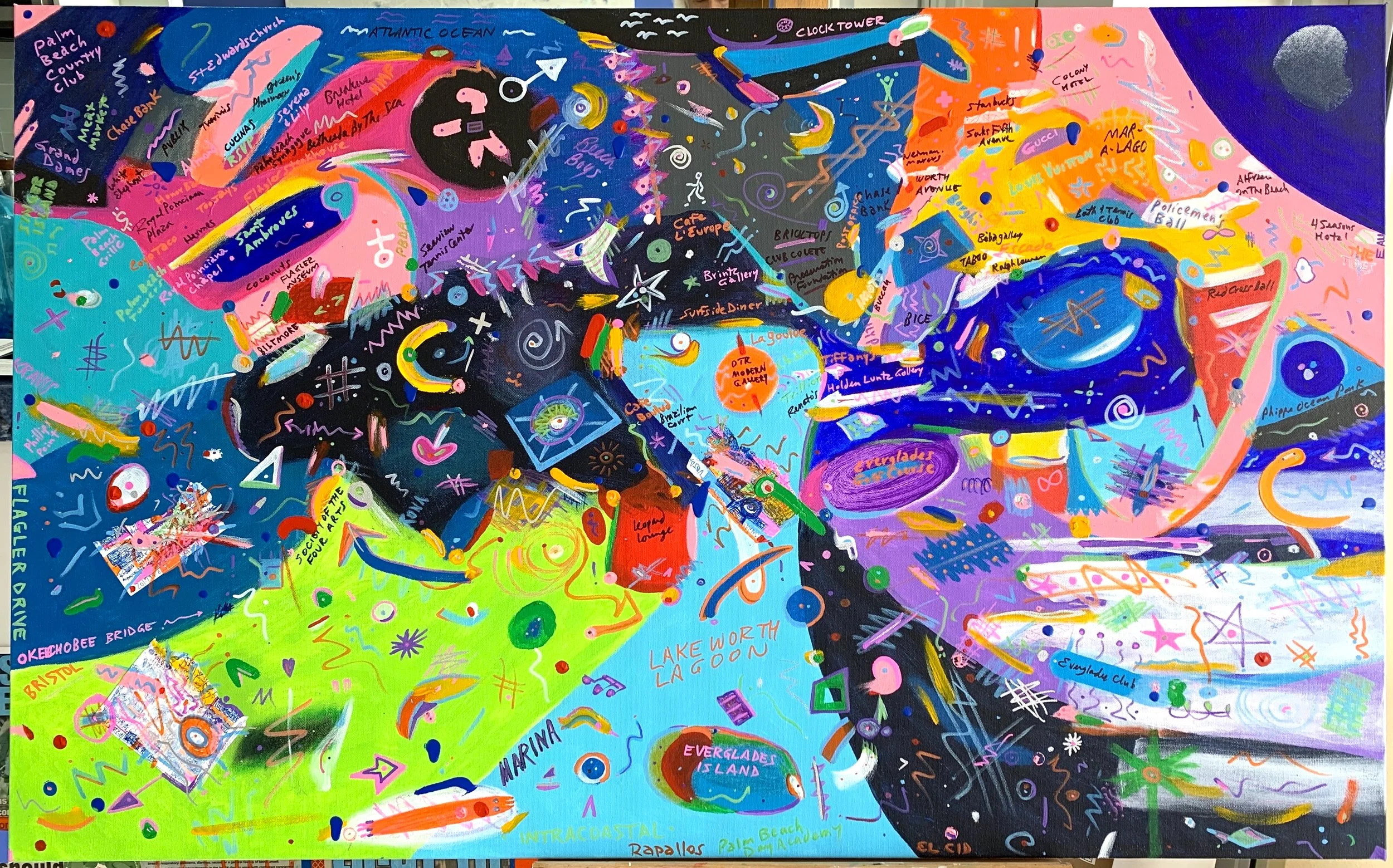 Ron Burkhardt — "Palm Beach Pandemonium" (Notism, 30 × 48 in.)