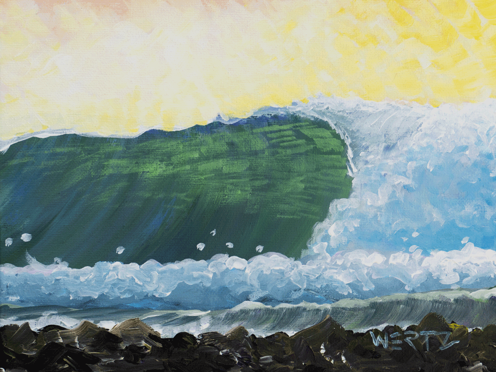 Oil painting of a large green ocean wave crashing onto rocks at sunset.