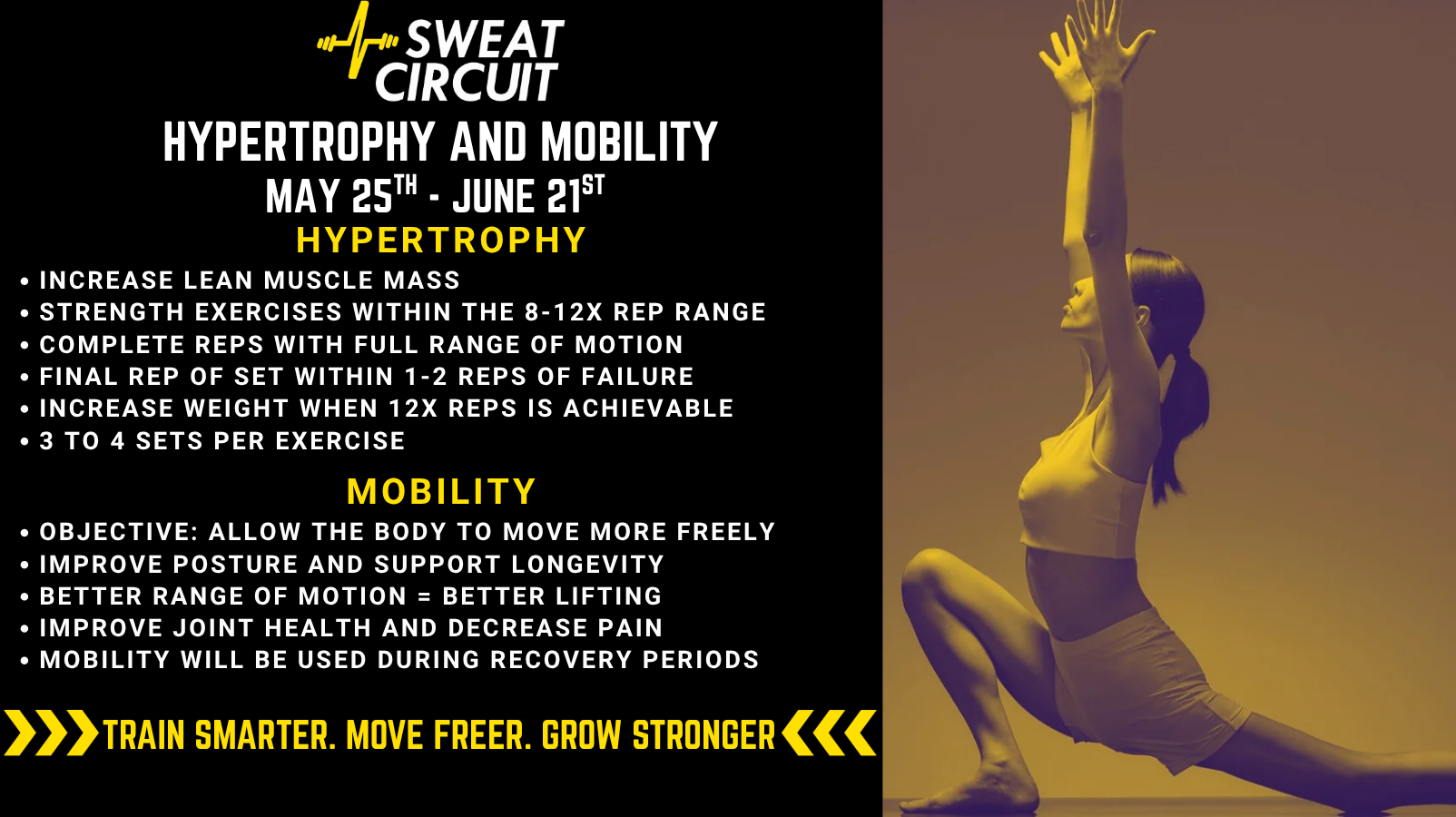 Poster promoting a fitness program called 'Sweat Circuit' focused on hypertrophy and mobility, with dates May 25 to June 21. The poster lists exercise guidelines, emphasizes increasing muscle mass, strength, and range of motion, and includes motivational slogans such as 'Train Smarter. Move Freer. Grow Stronger'.