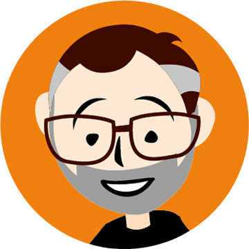 An illustrated portrait of a smiling person with short gray hair, black glasses, wearing a light blue collared shirt, against a yellow background.