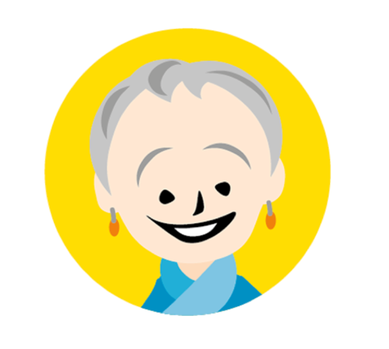 Cartoon portrait of a smiling woman with short gray hair, wearing black glasses, and a light blue blouse with dark blue floral patterns, set against a green circular background.