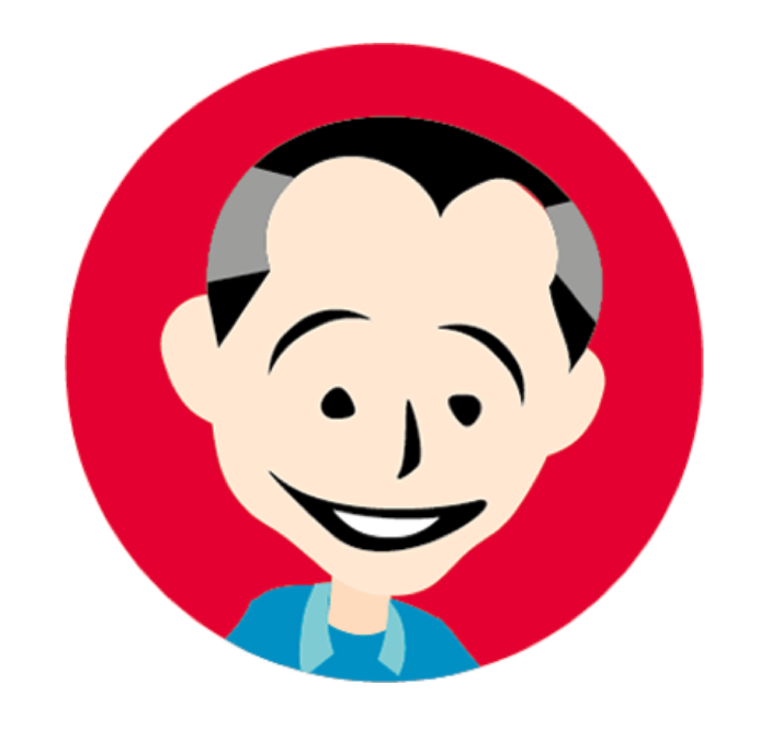 A digital caricature of a smiling man with gray hair, wearing a black hoodie with purple drawstrings, against a teal circular background.