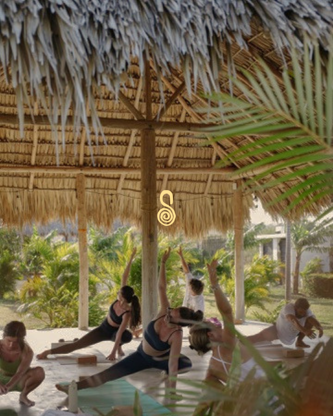 People practicing yoga outdoors under a thatched roof with lush greenery in the background. A "S" logo overlays the photo.