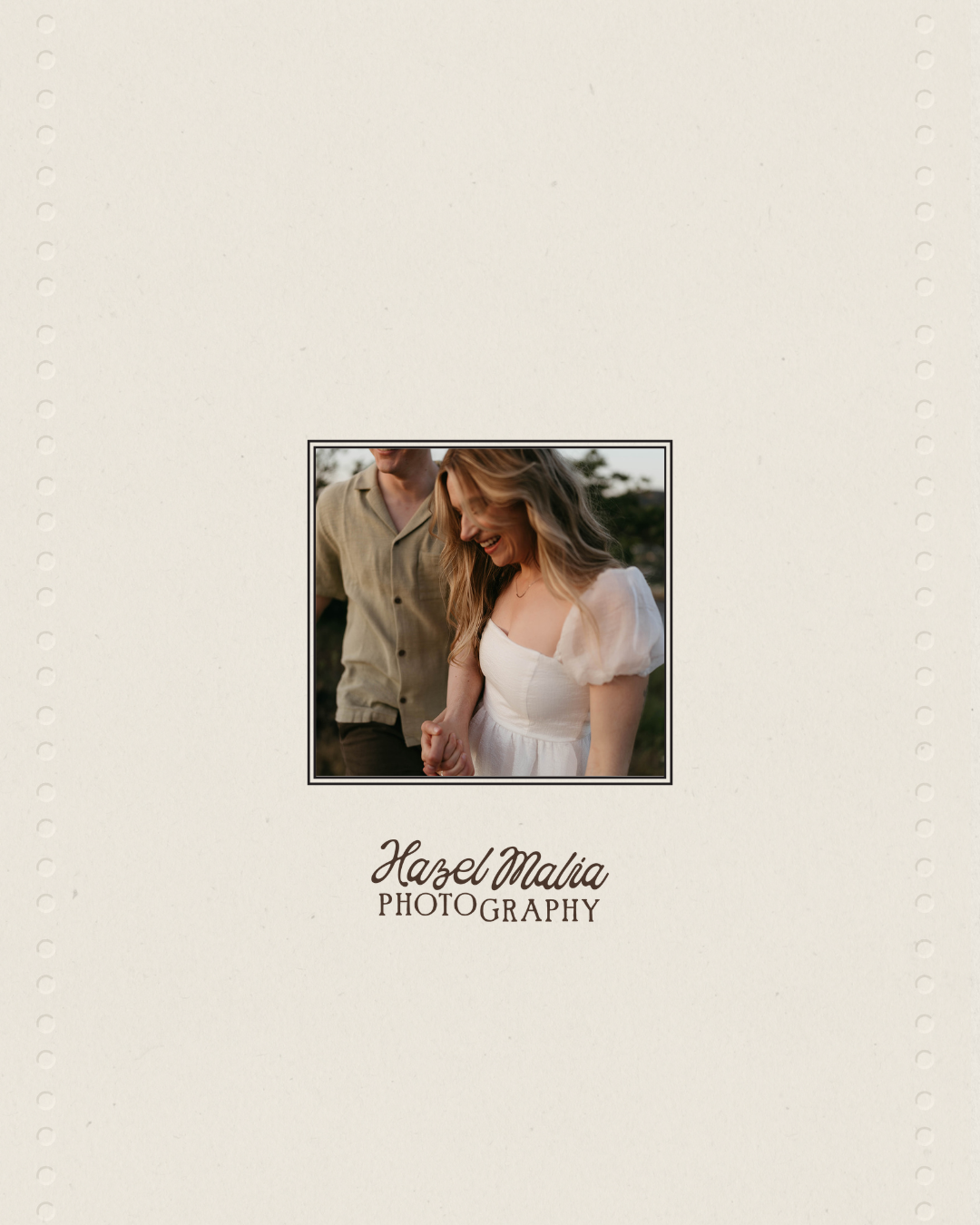 Cover page of Hazel Maia Photography featuring a photo of a smiling woman in a white dress holding hands with a man in a beige shirt outdoors.