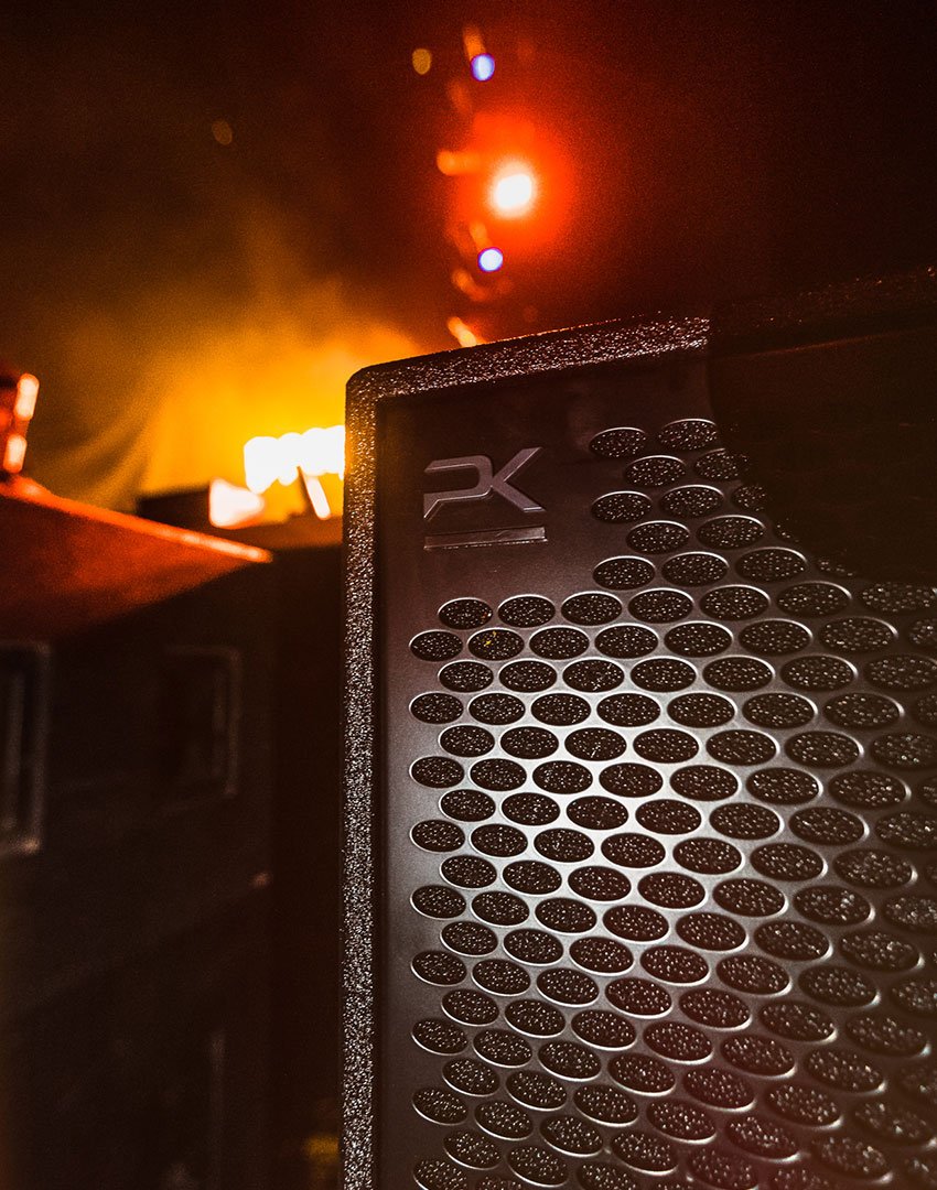 Subtronics Fractor Tour 2022 with BNE Productions' Audio Touring Package. Close up photo of the new PK Sound Trinity sound system.