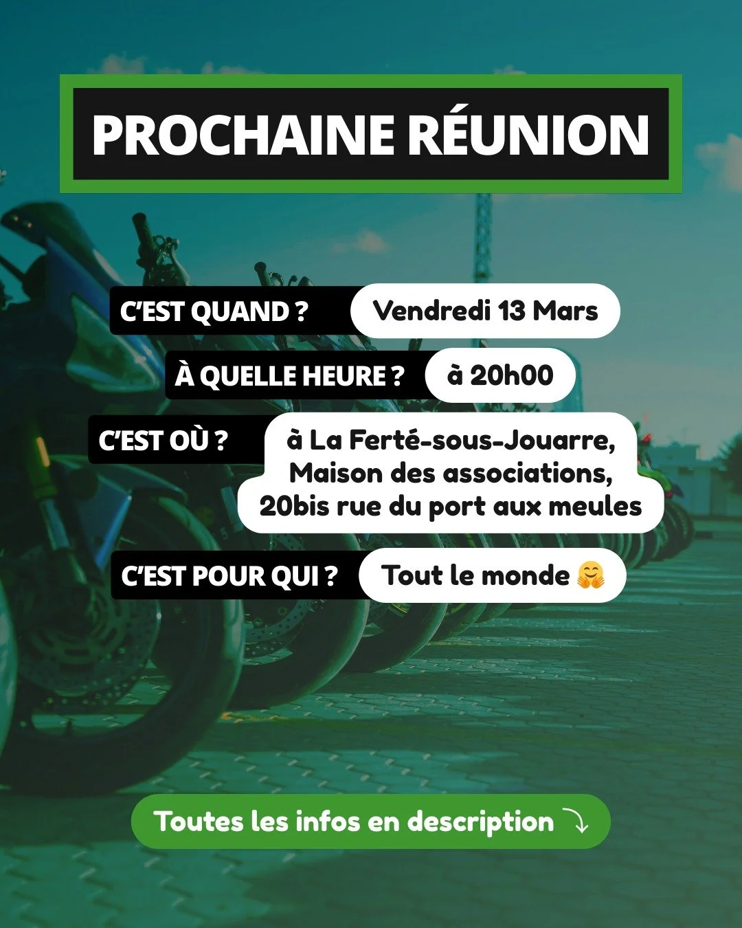 Prochaine r&eacute;union de la FFMC77 juste avant le Printemps !
Passe nous voir, on va parler moto et du monde de la moto, derni&egrave;res actus et activit&eacute;s ! 😎
Et il y aura peut-&ecirc;tre des surprises... 🙀

ℹ Prochaine pl&eacute;ni&egr