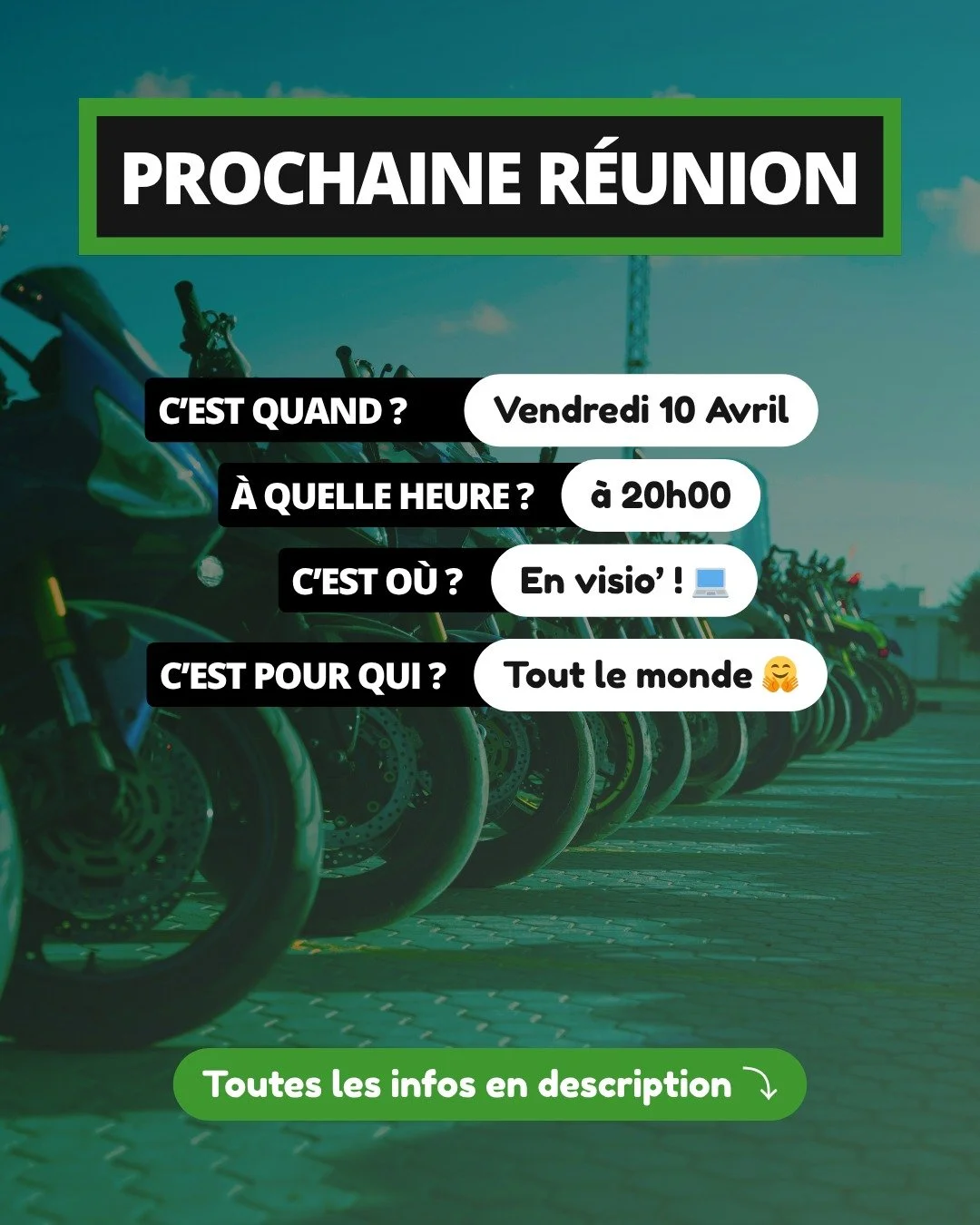 Prochaine r&eacute;union de la FFMC77 ce Vendredi 10 Avril &agrave; 20h00 !
Toutes les infos plus bas 👇

Passe nous voir, on va parler moto et du monde de la moto, derni&egrave;res actus et activit&eacute;s ! 😎
Et il y aura peut-&ecirc;tre des surp