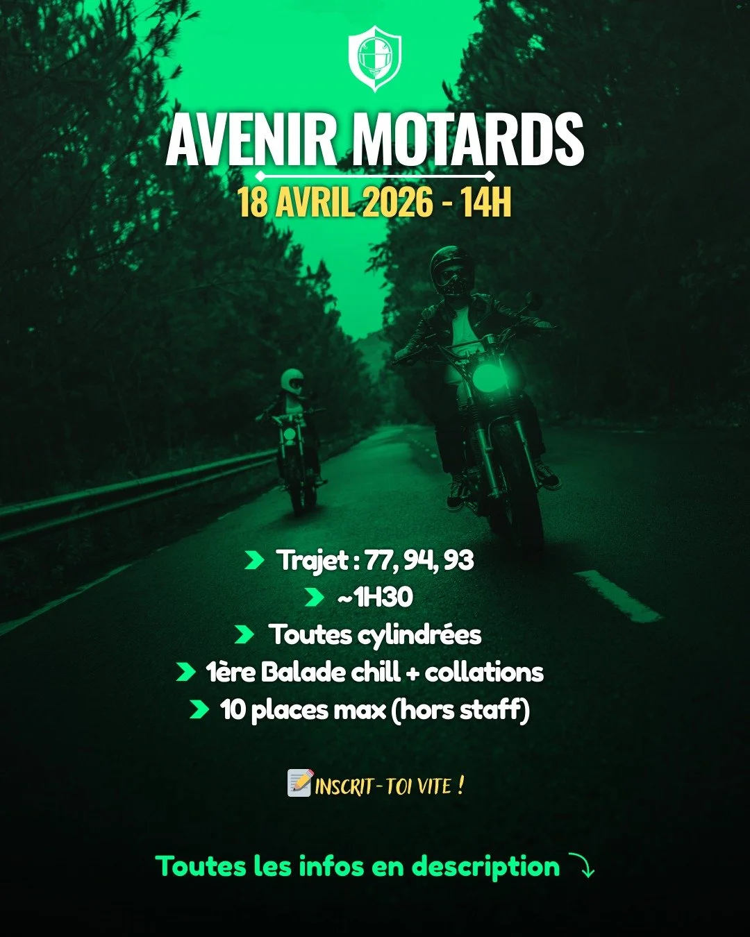 Avenir Motards lance officiellement sa premi&egrave;re balade ce samedi ! Une sortie sous le signe de la d&eacute;tente pour profiter de la route ensemble. Tout le monde est le ou la bienvenu(e) !

Avenir Motards, c'est le serveur national Discord la