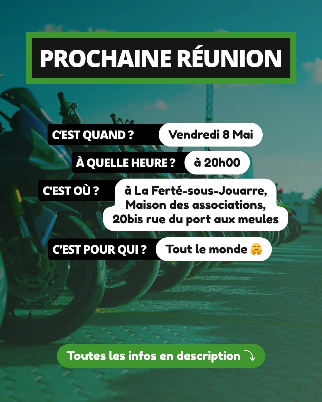 Prochaine r&eacute;union de la FFMC77 ce Vendredi 8 Mai 2026l &agrave; 20h00 !

Au programme 👇
- ZFE (Bient&ocirc;t la fin ?)
- L'Ethanol pour les motos (Une victoire en devenir ?)
- Le Contr&ocirc;le Technique (Un bilan d&eacute;sastreux ?)
- Assis