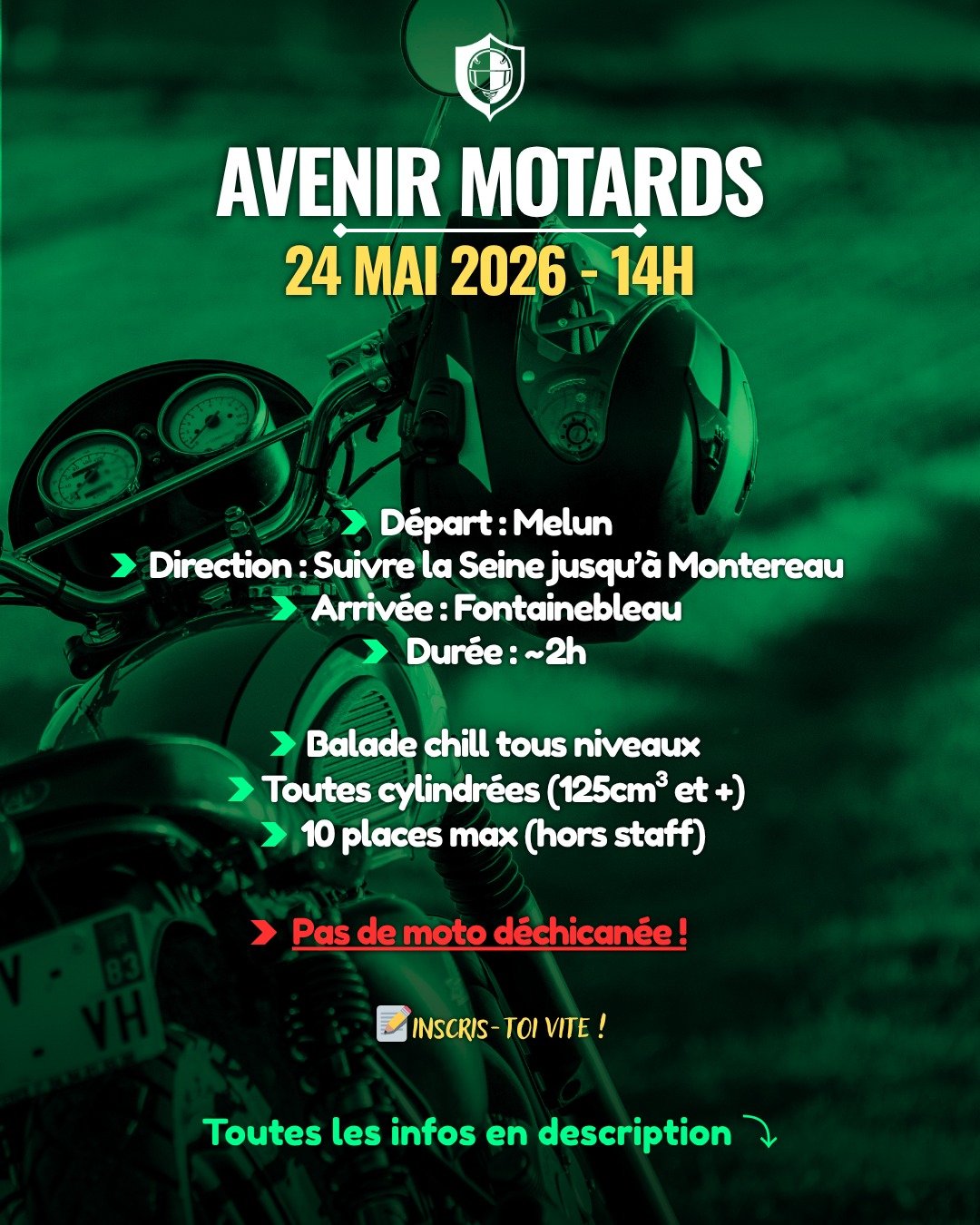 Nouvelle date pour la 2e balade Avenir Motards en Seine et Marne : le 24 mai 2026 ! (Balade report&eacute;e &agrave; cause de la pluie)

Voir plus bas pour les infos ! ⤵

Le programme reste le m&ecirc;me : on remonte la Seine ! Viens rouler avec nous