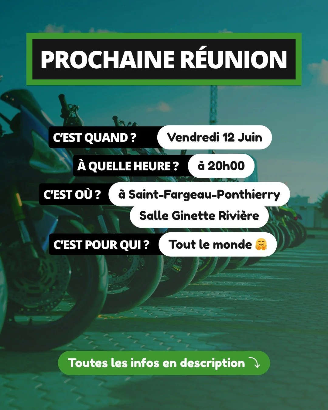 Prochaine r&eacute;union de la FFMC77 ce Vendredi 12 Juin 2026 &agrave; 20h00 !

Au programme 👇
- Les combats en cours : ZFE, l'Ethanol pour les motos, le Contr&ocirc;le Technique (Quelles sont les news ?)
- Debrief des Assises de la FFMC (Potins, p