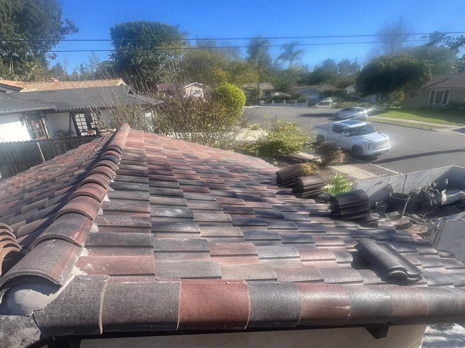 Clay tile roof edge and ridge on a Santa Barbara home